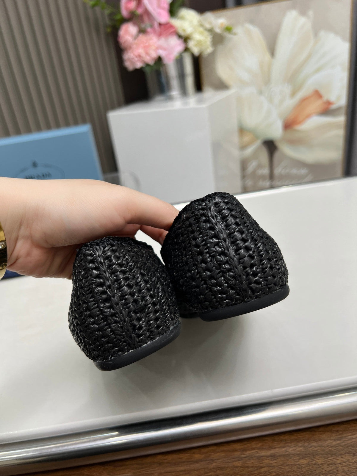 Prada 26s Crochet Loafers Black Raffia 140631