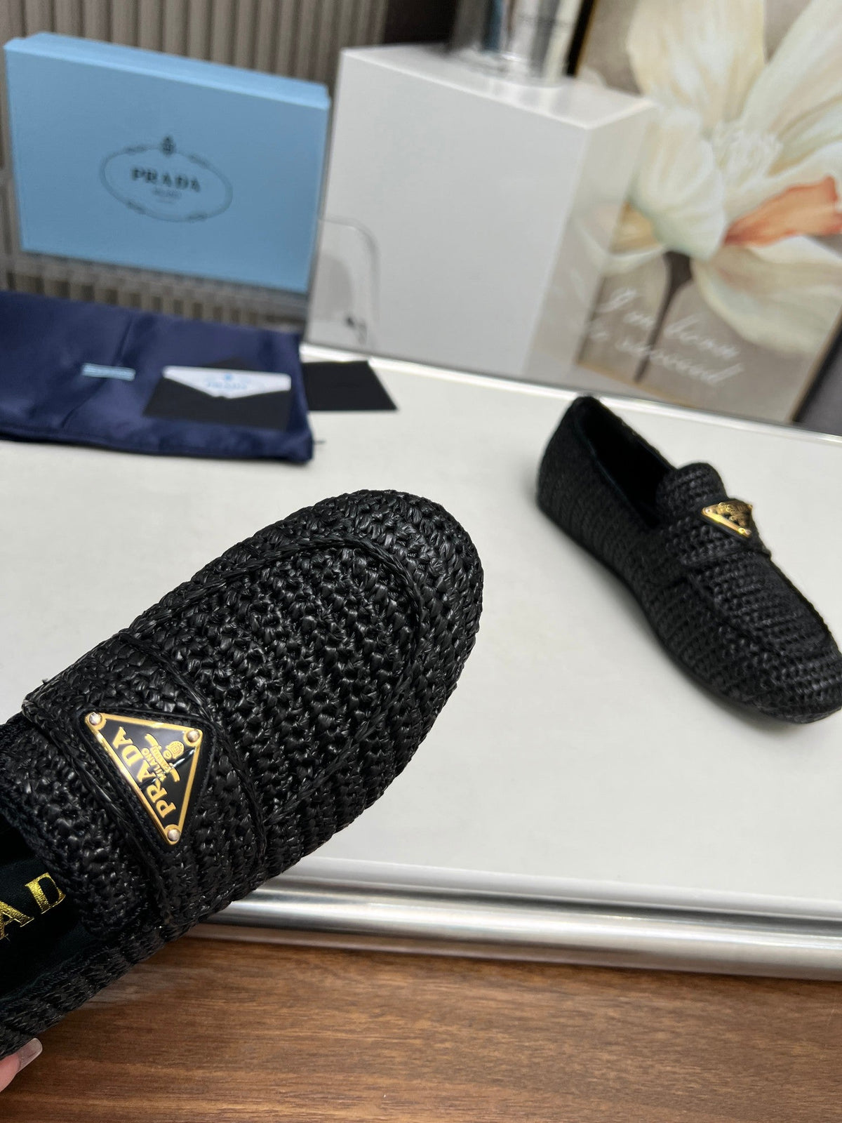 Prada 26s Crochet Loafers Black Raffia 140631