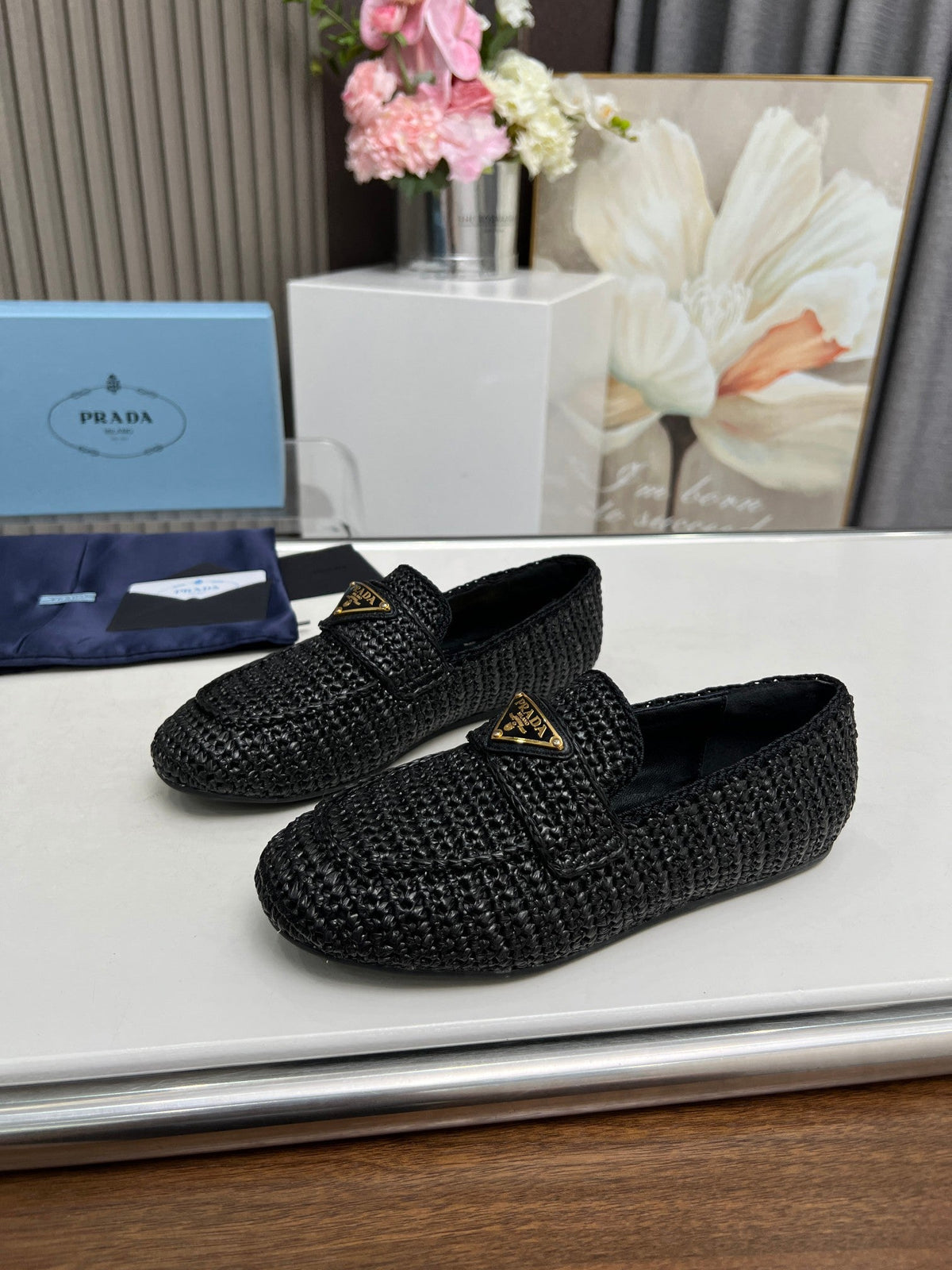 Prada 26s Crochet Loafers Black Raffia 140631