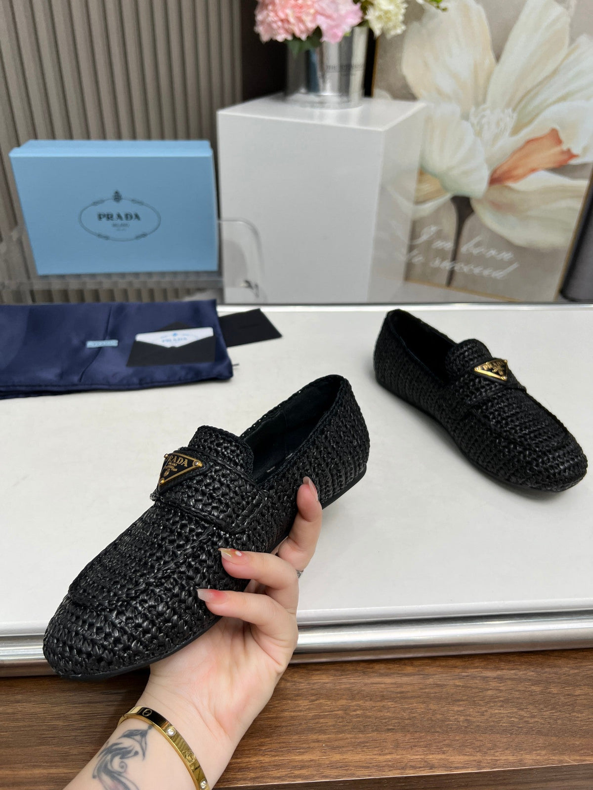 Prada 26s Crochet Loafers Black Raffia 140631