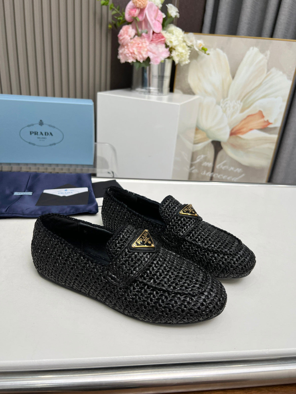 Prada 26s Crochet Loafers Black Raffia 140631