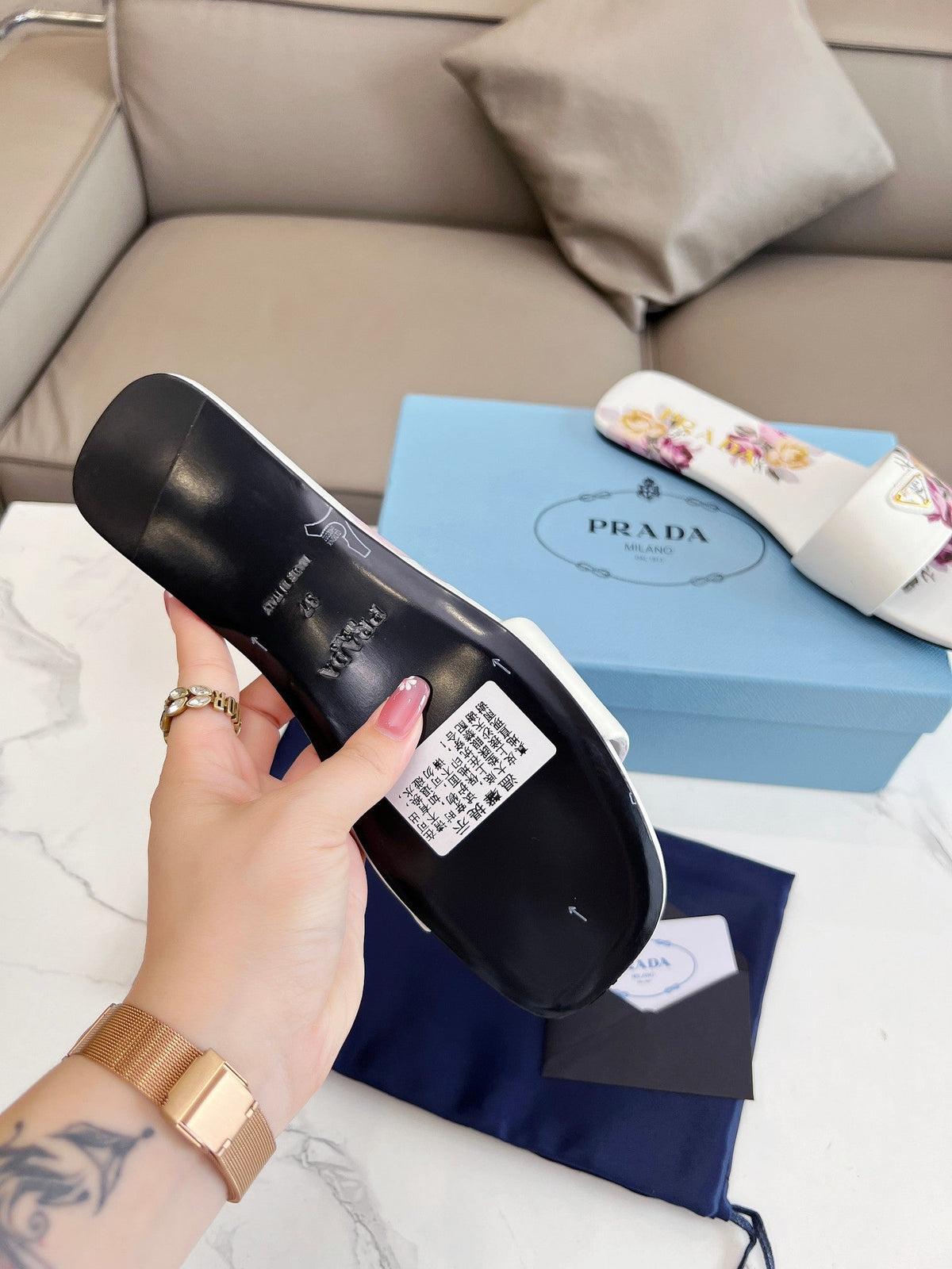 Prada 26s Slide Sandals Floral White Leather 140495