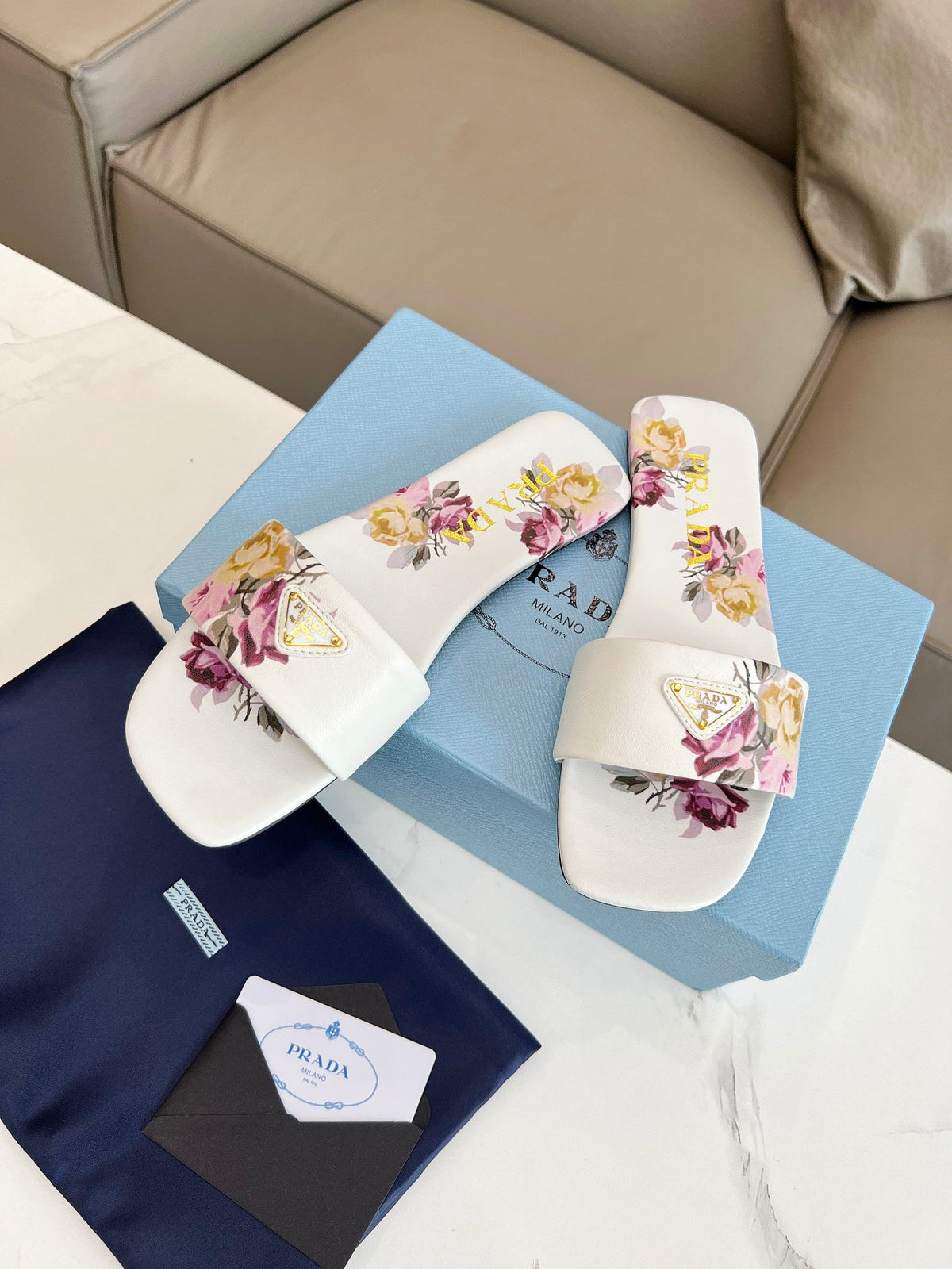 Prada 26s Slide Sandals Floral White Leather 140495