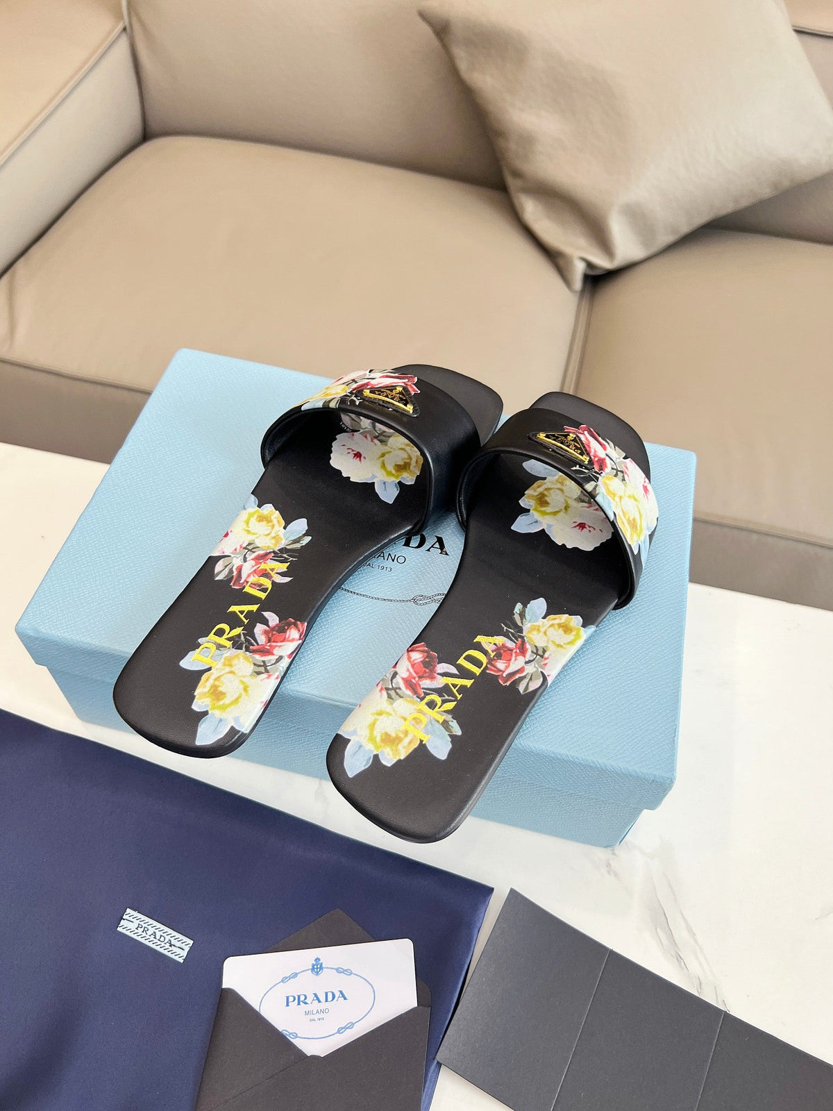 Prada 26s Slide Sandals Floral Black Leather 140496