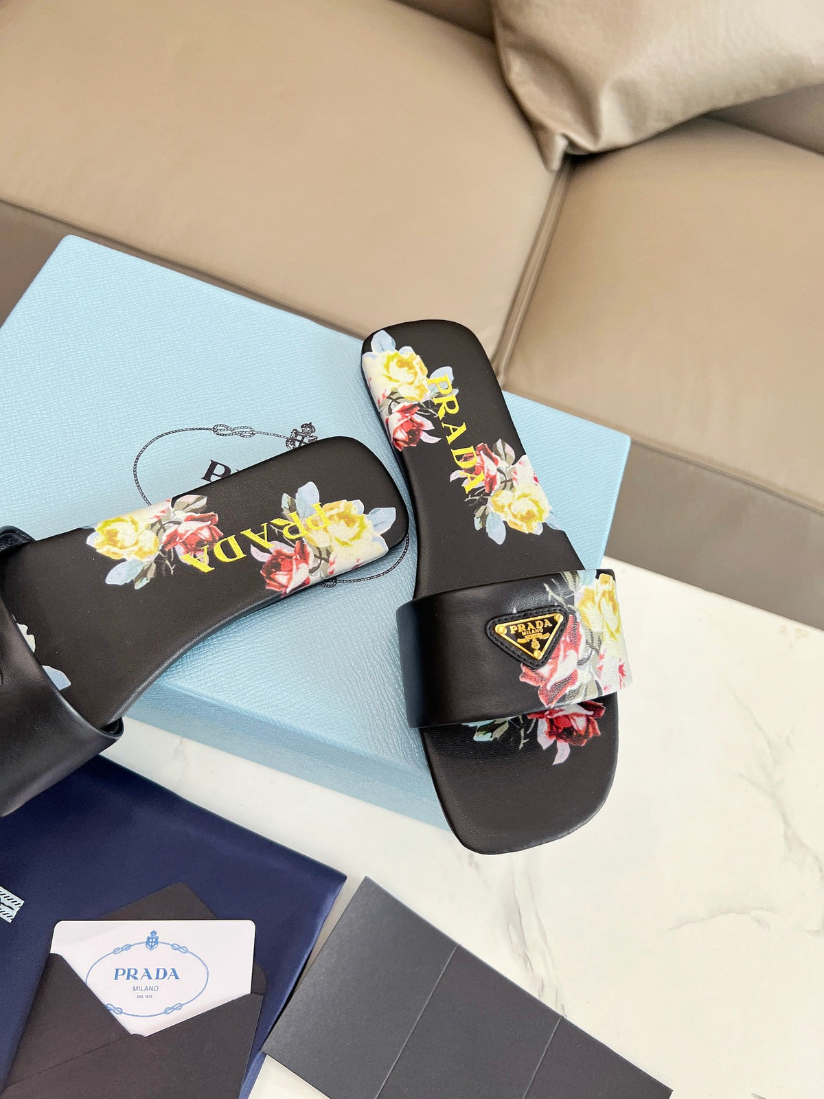 Prada 26s Slide Sandals Floral Black Leather 140496