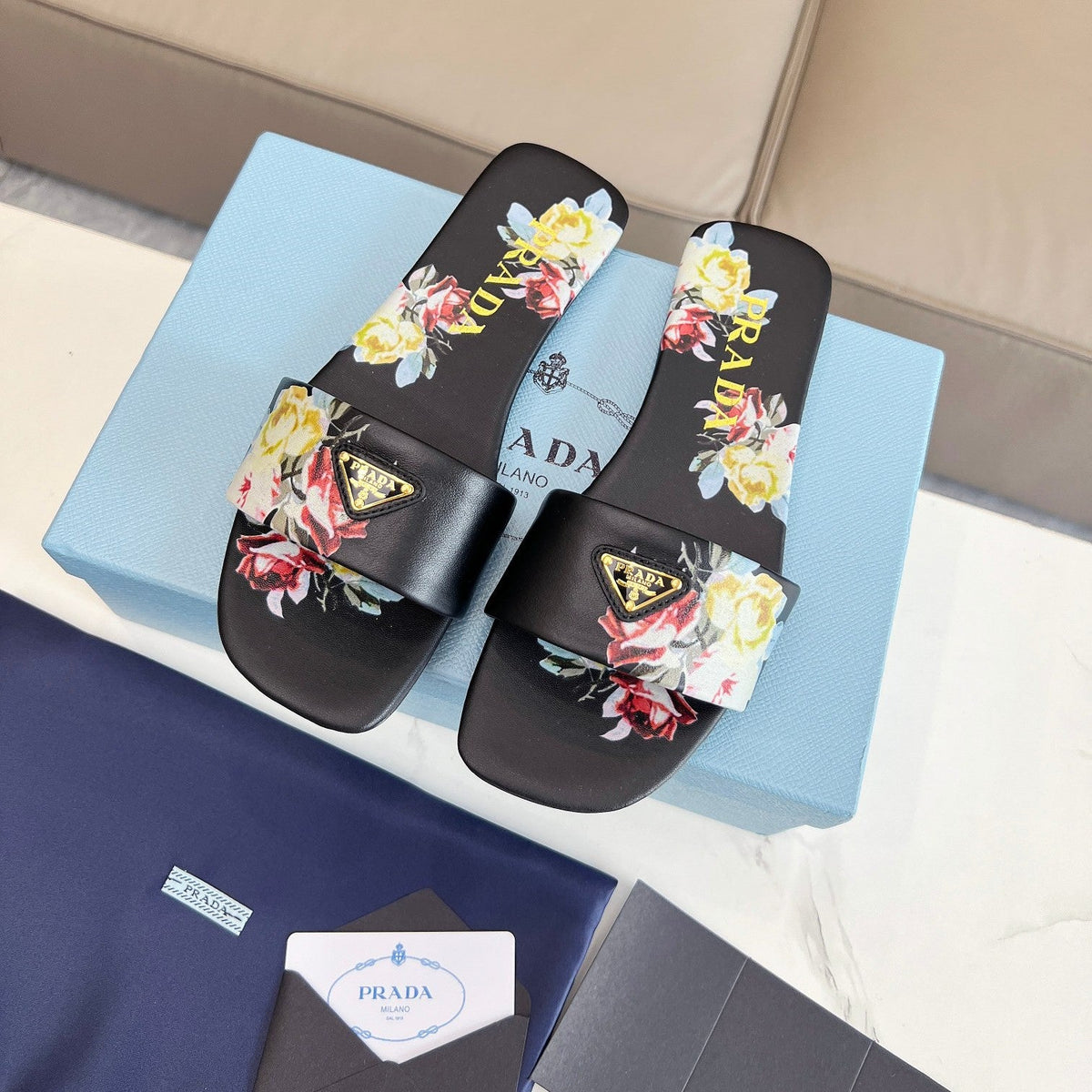 Prada 26s Slide Sandals Floral Black Leather 140496