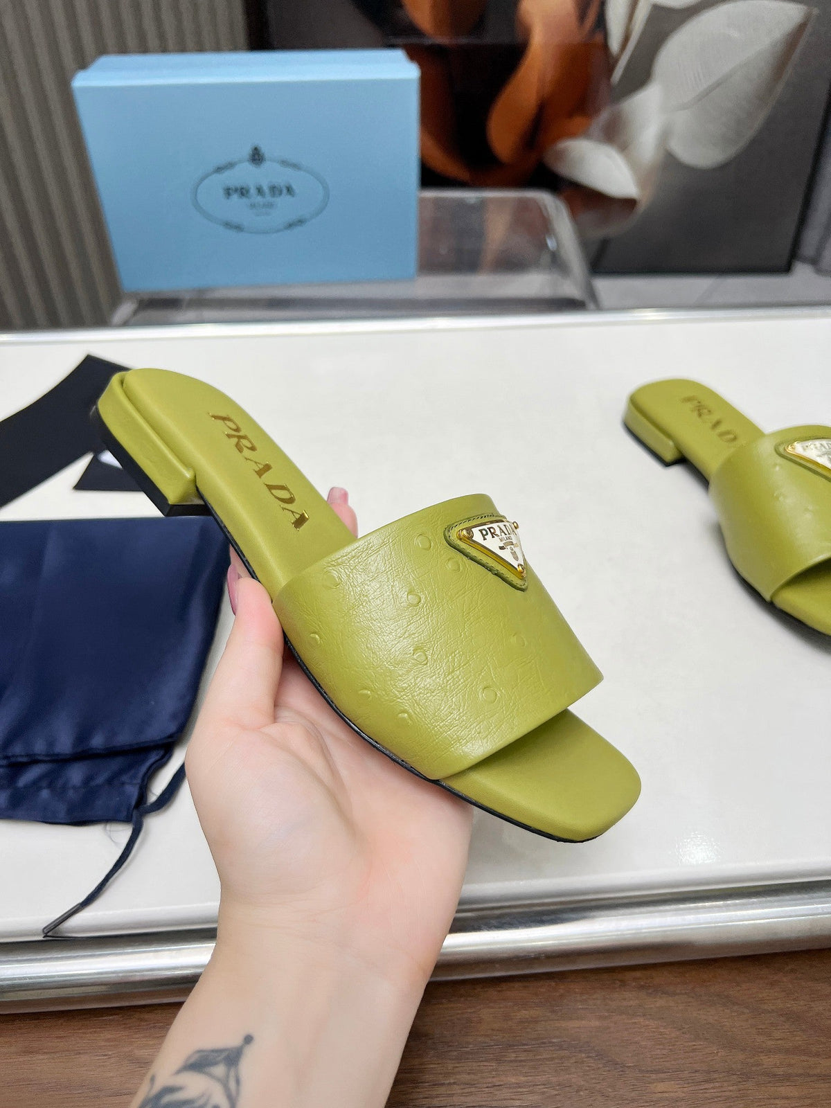 Prada 26s Slide Sandals Olive Green Ostrich Leather 140497