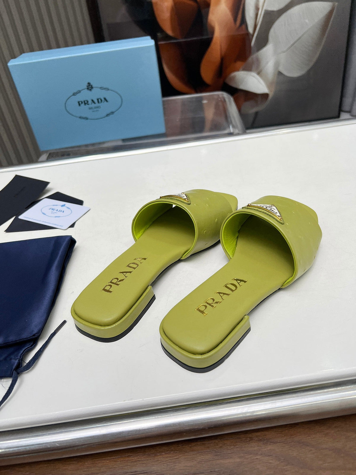 Prada 26s Slide Sandals Olive Green Ostrich Leather 140497