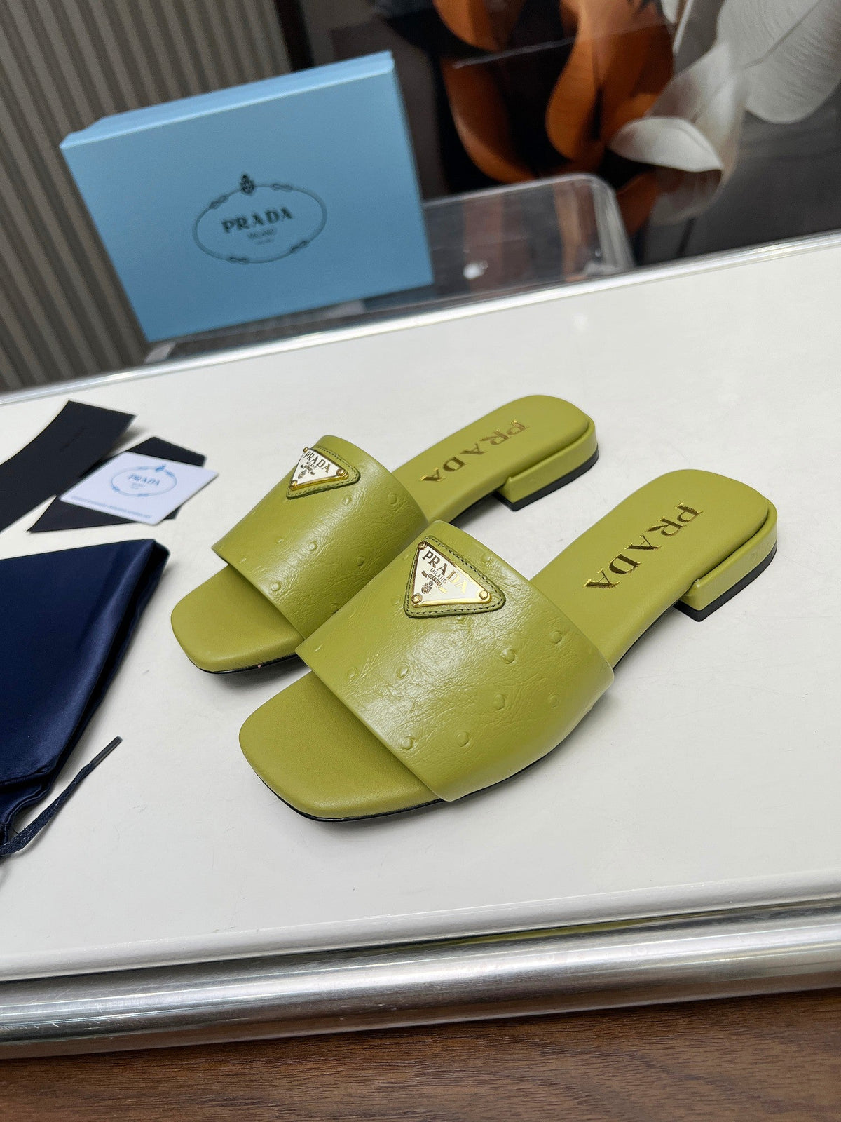 Prada 26s Slide Sandals Olive Green Ostrich Leather 140497