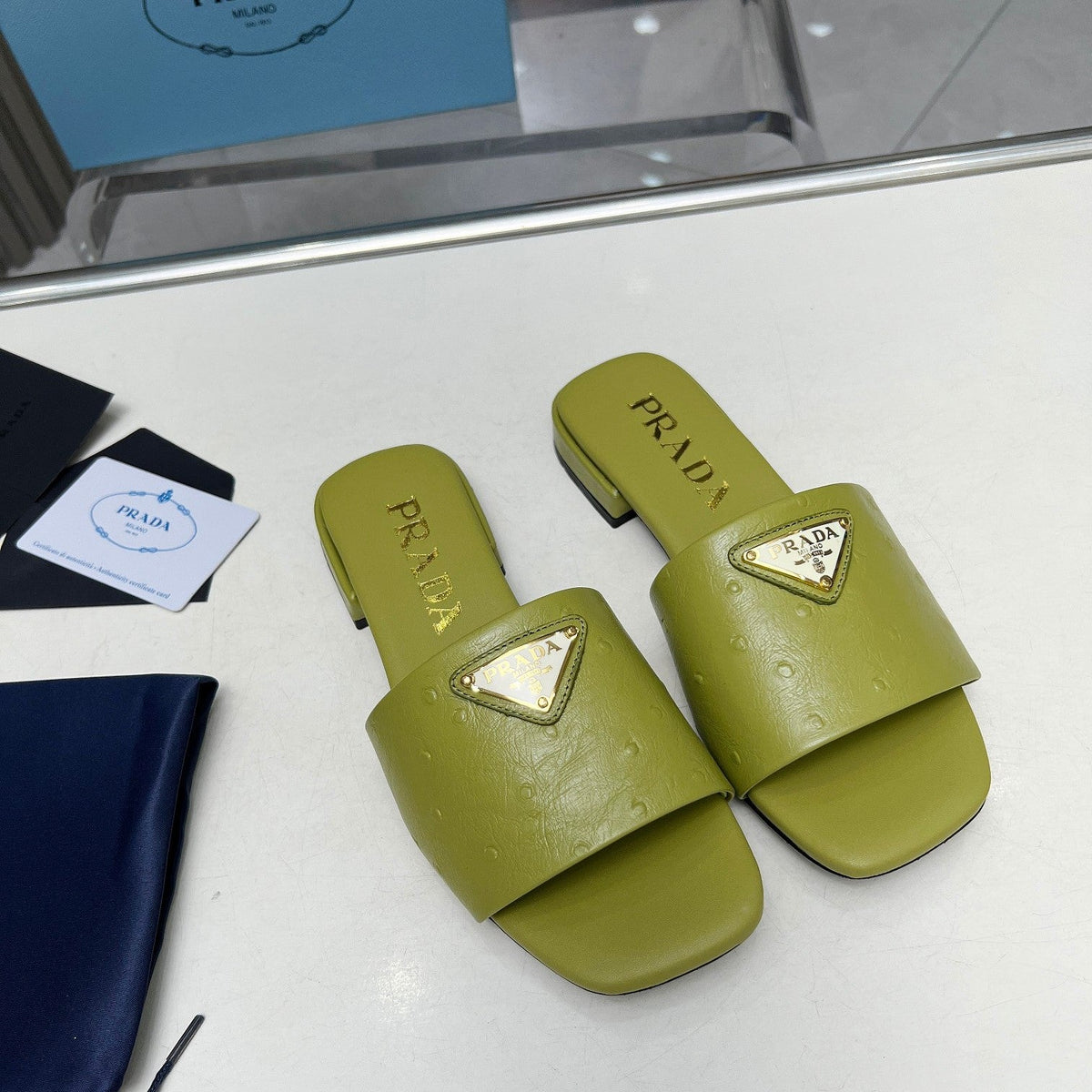 Prada 26s Slide Sandals Olive Green Ostrich Leather 140497