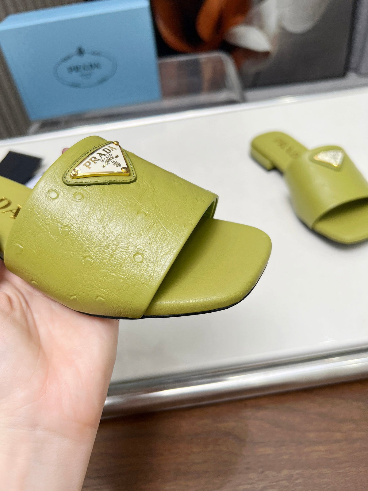 Prada 26s Slide Sandals Olive Green Ostrich Leather 140497