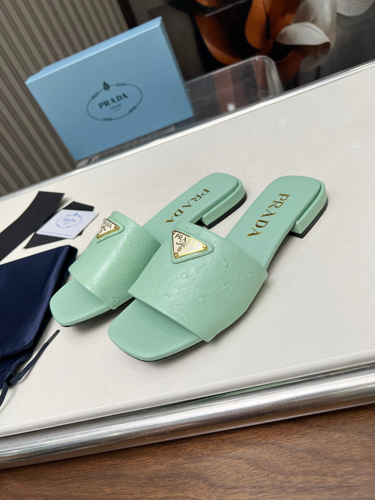 Prada 26s Slide Sandals Green Ostrich Leather 140498