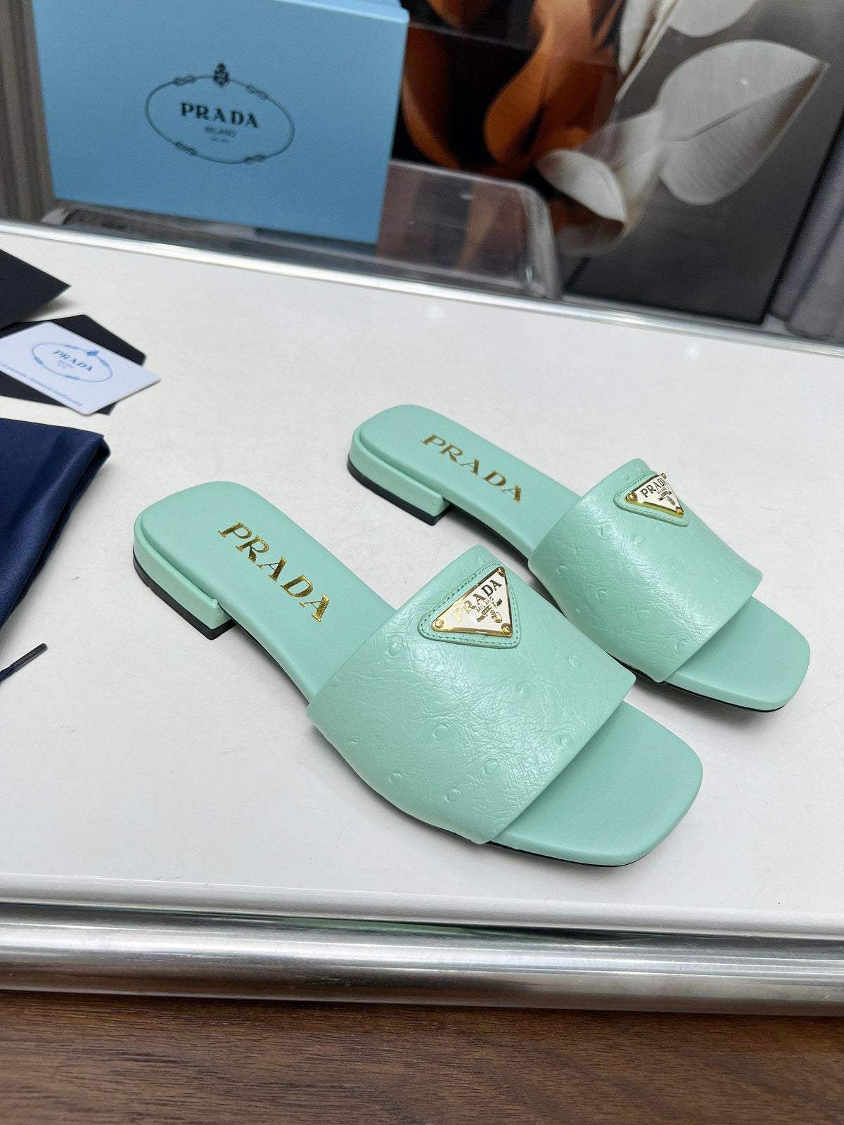 Prada 26s Slide Sandals Green Ostrich Leather 140498