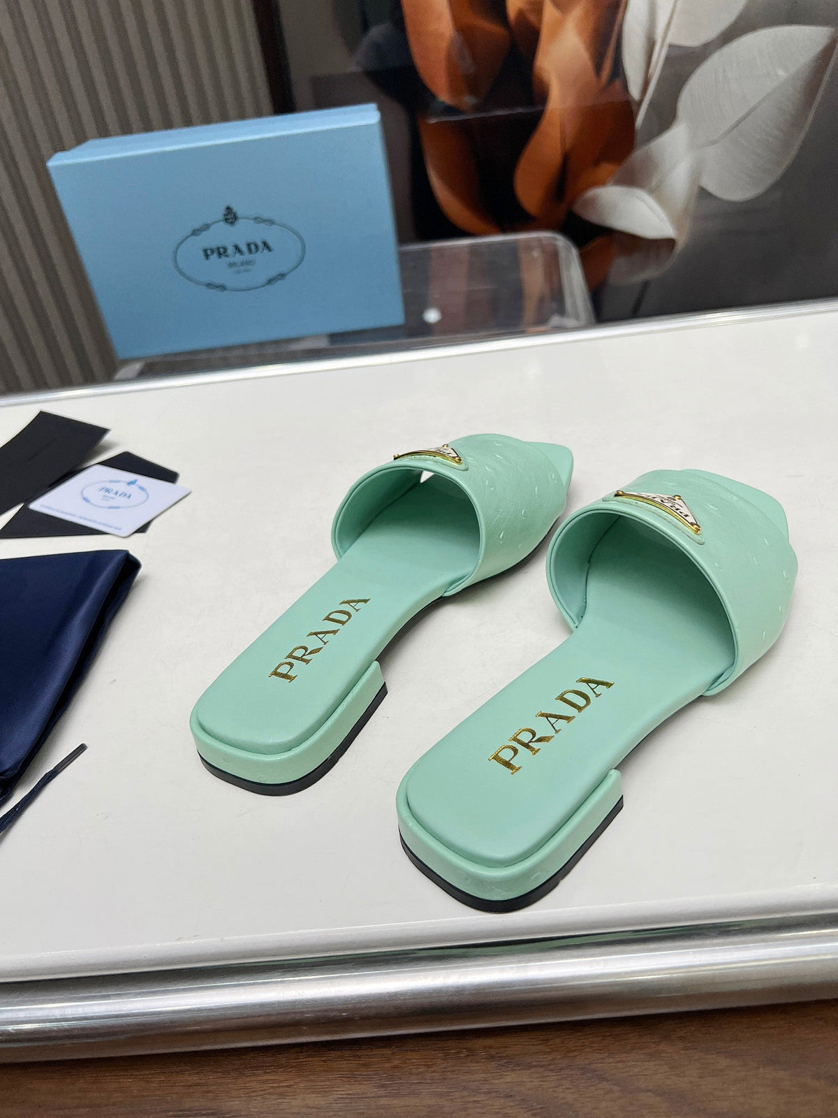 Prada 26s Slide Sandals Green Ostrich Leather 140498
