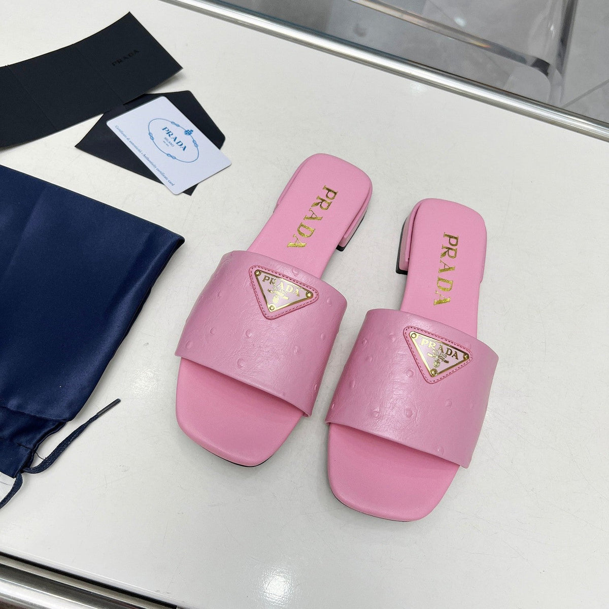 Prada 26s Slide Sandals Pink Ostrich Leather 140499