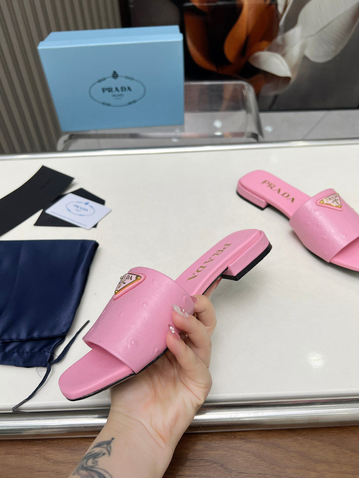 Prada 26s Slide Sandals Pink Ostrich Leather 140499