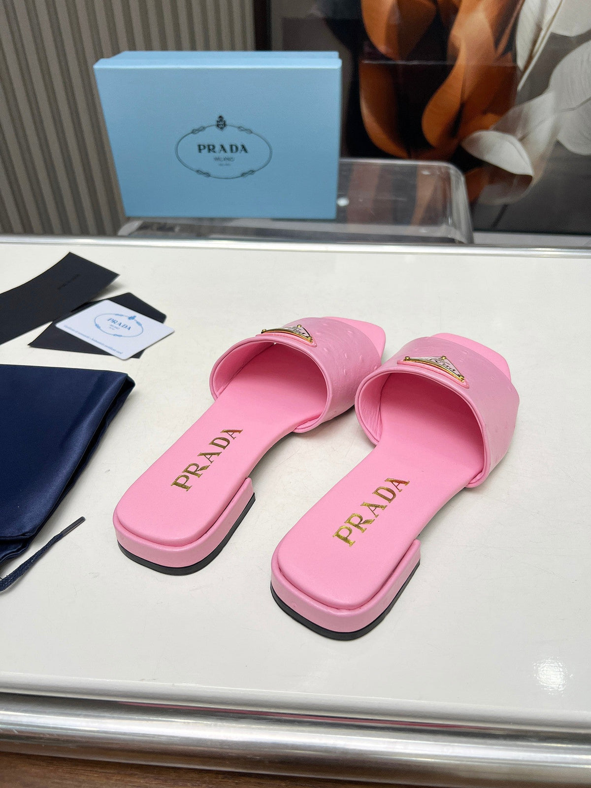 Prada 26s Slide Sandals Pink Ostrich Leather 140499