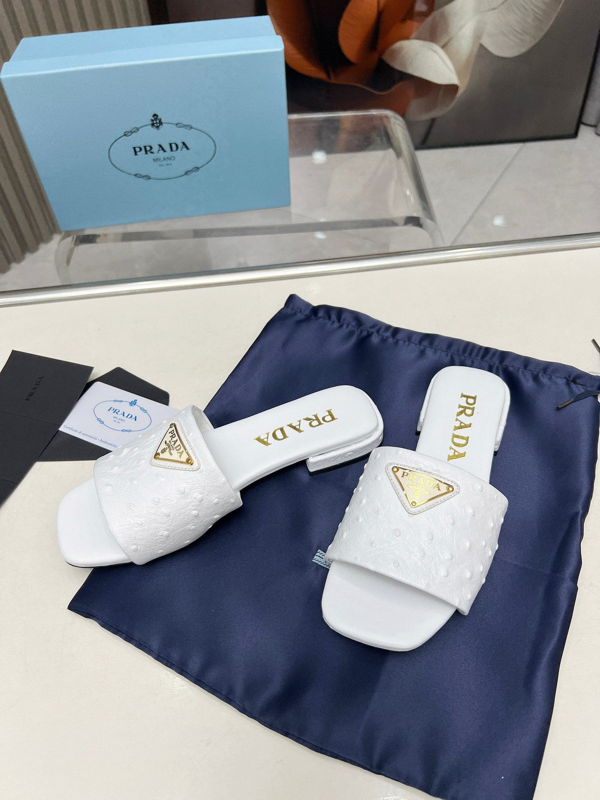 Prada 26s Slide Sandals White Ostrich Leather 140500