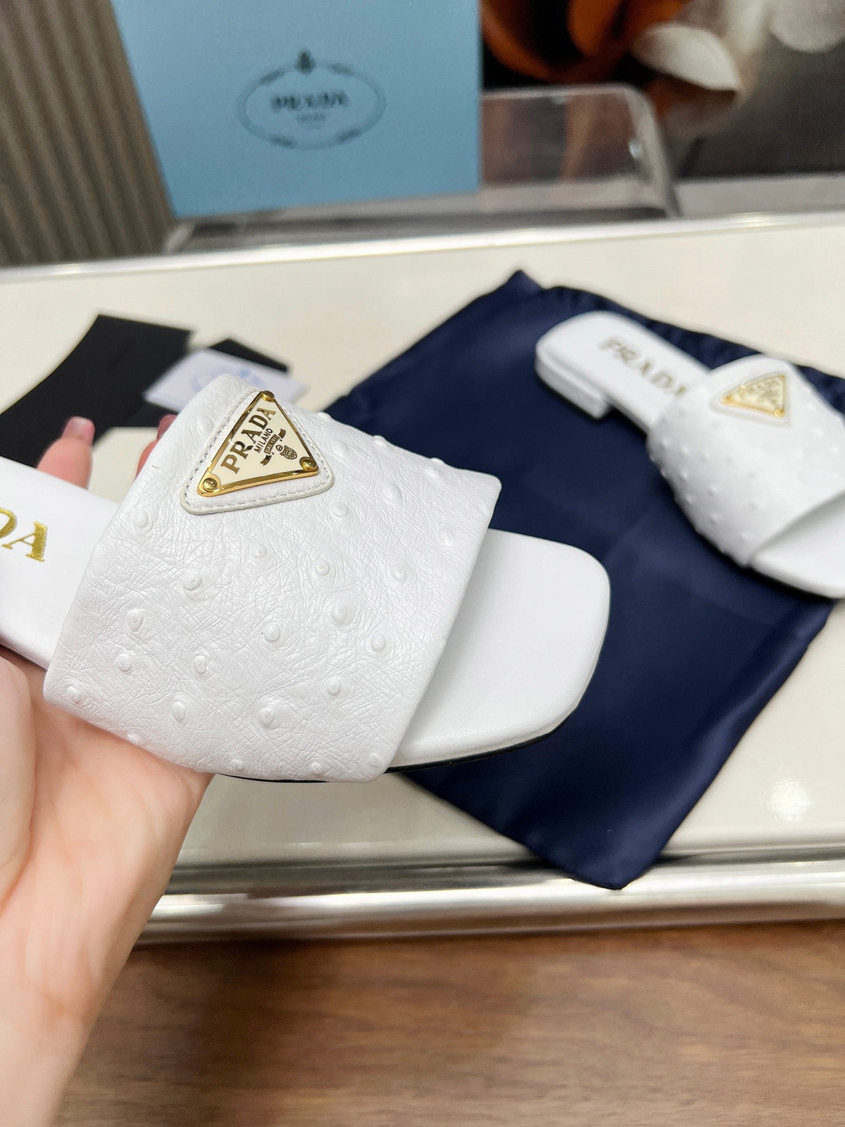 Prada 26s Slide Sandals White Ostrich Leather 140500