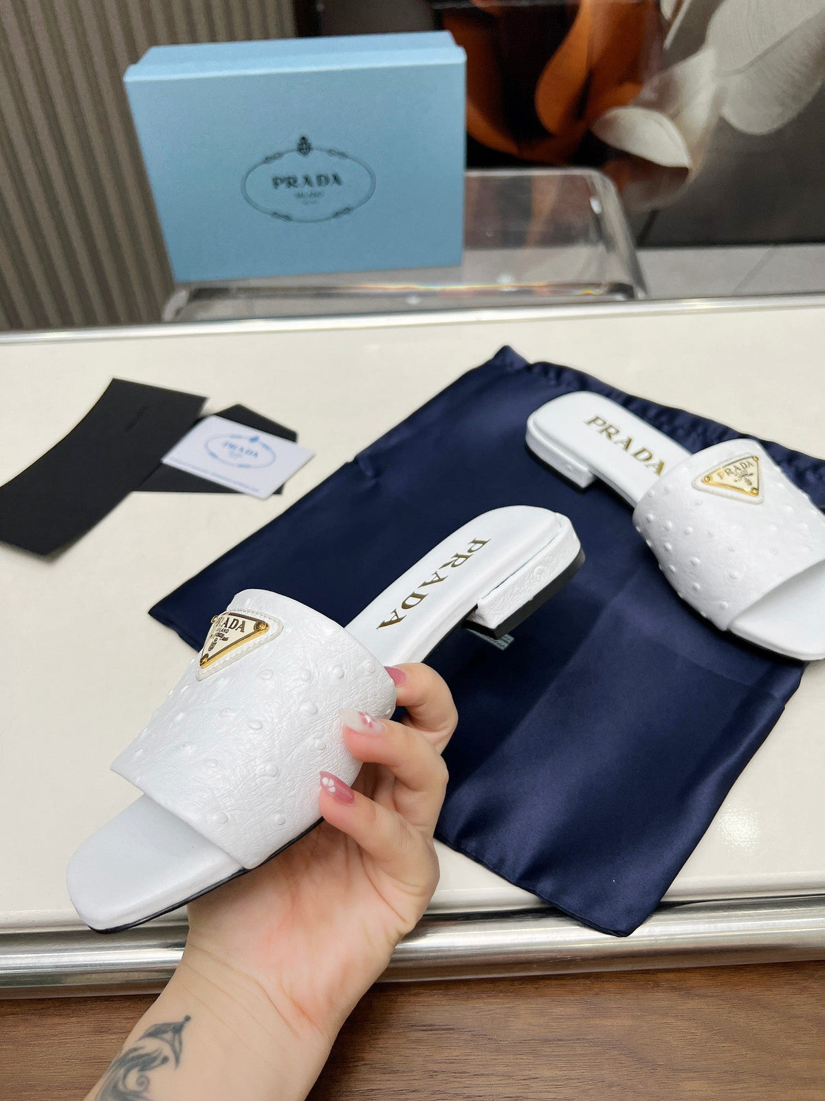 Prada 26s Slide Sandals White Ostrich Leather 140500