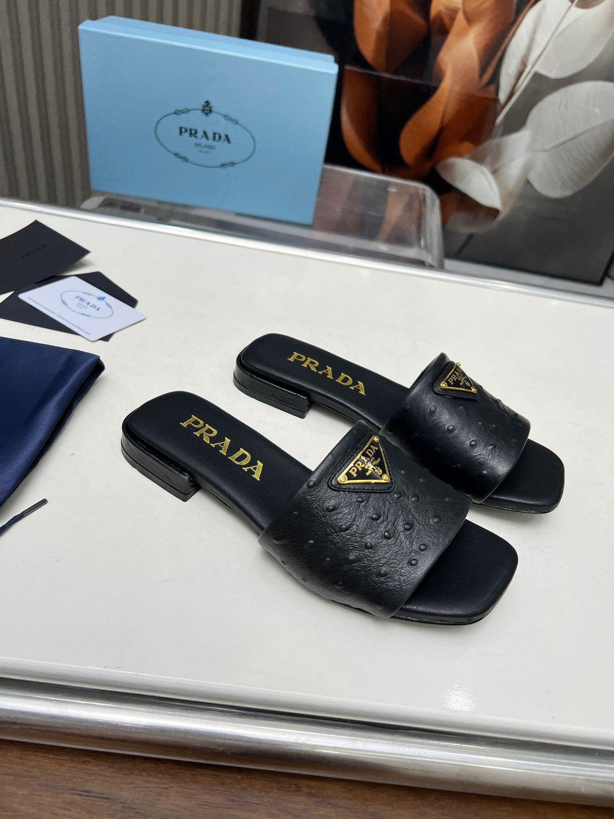 Prada 26s Slide Sandals Black Ostrich Leather 140501