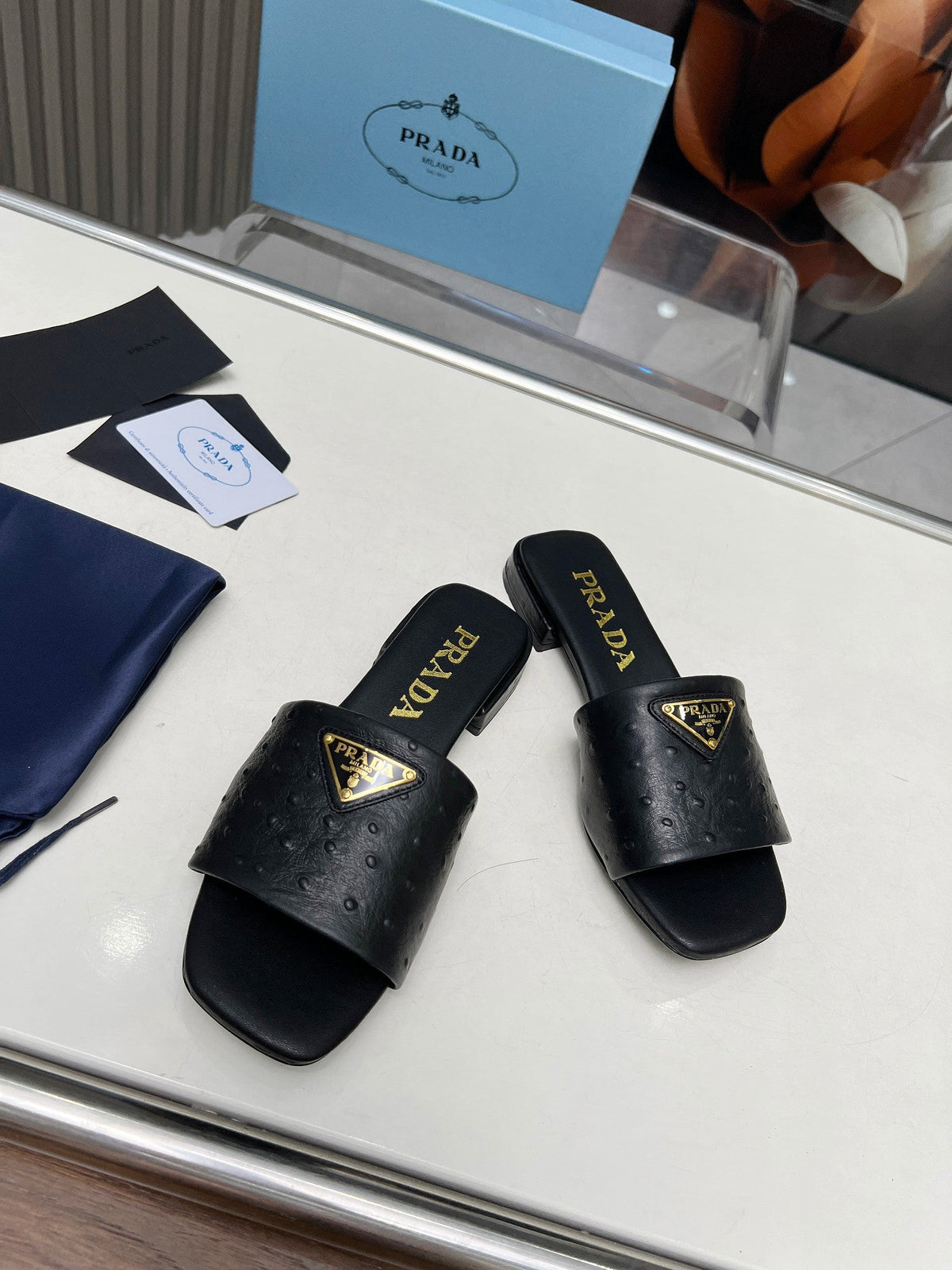 Prada 26s Slide Sandals Black Ostrich Leather 140501