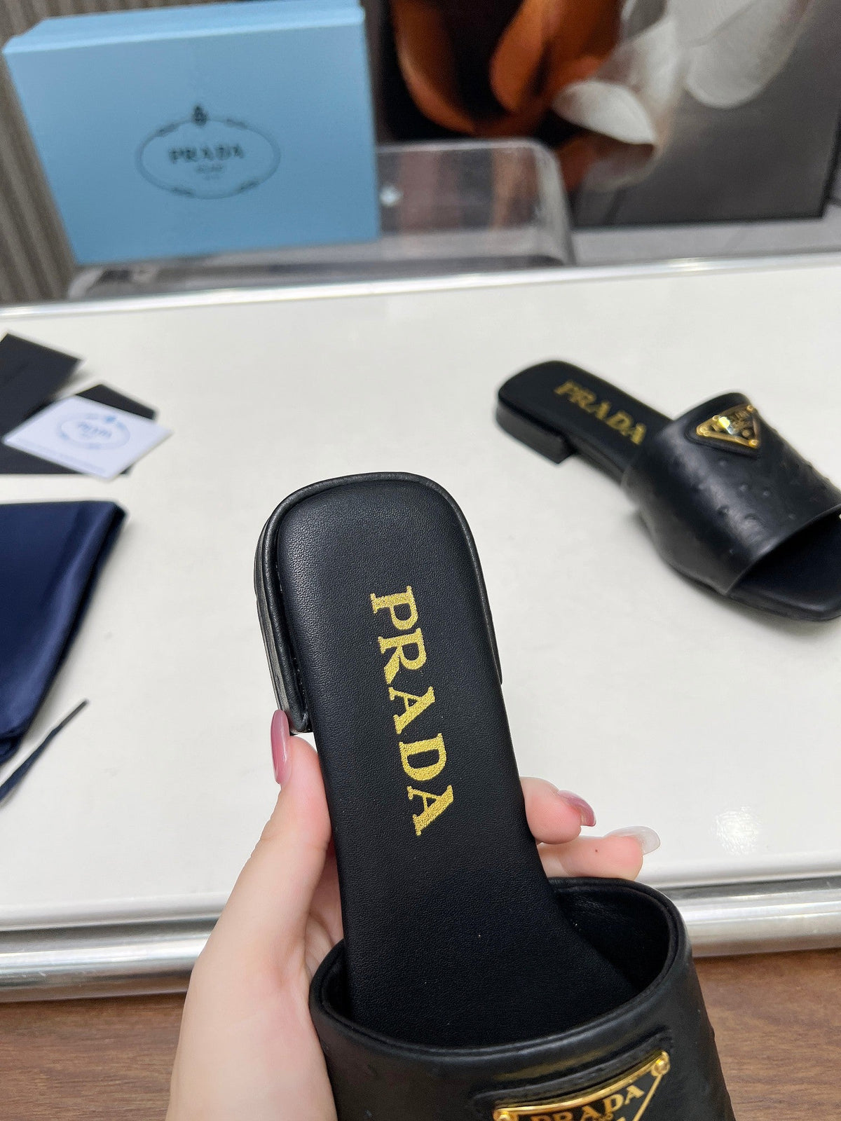 Prada 26s Slide Sandals Black Ostrich Leather 140501