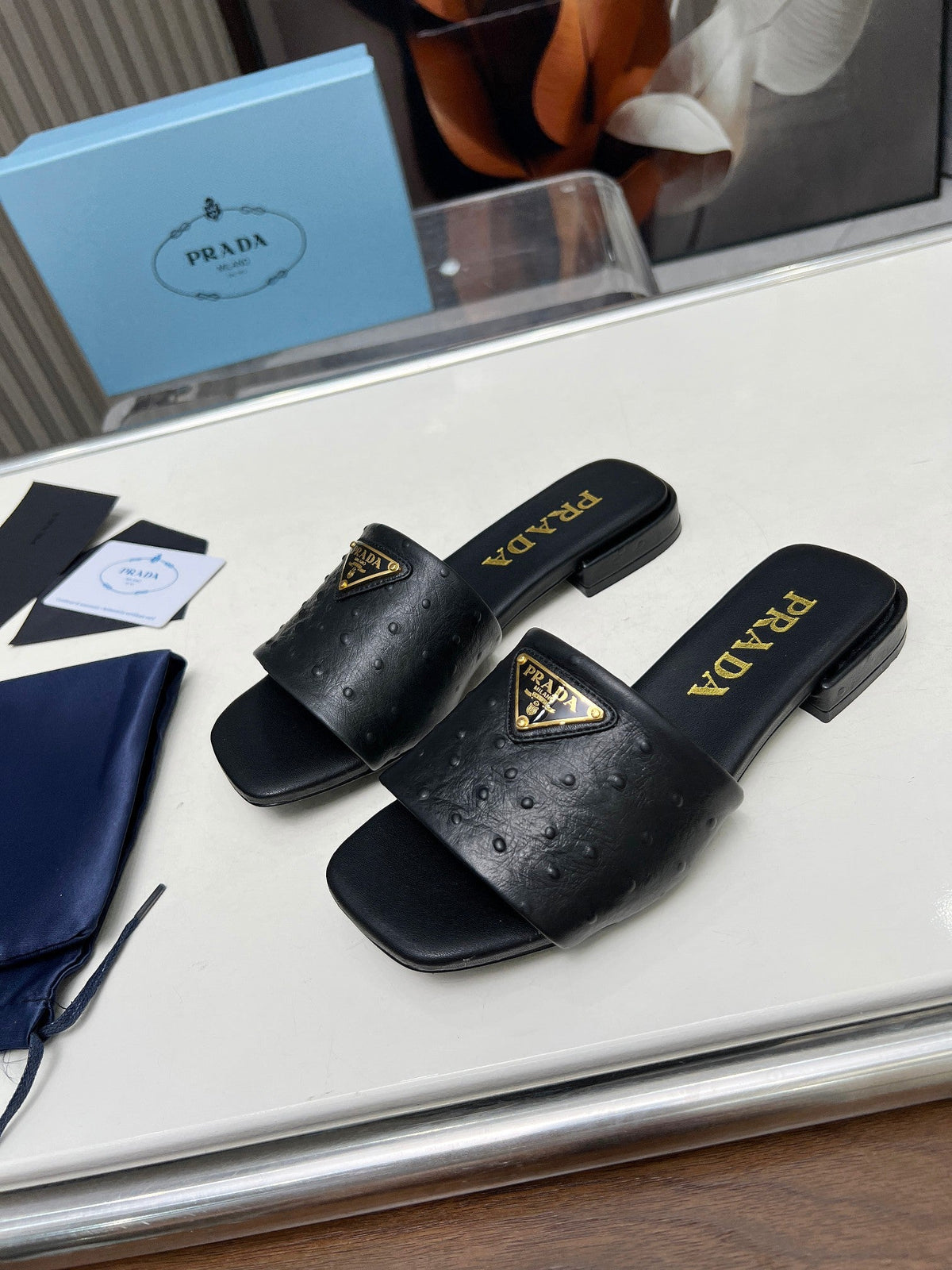 Prada 26s Slide Sandals Black Ostrich Leather 140501
