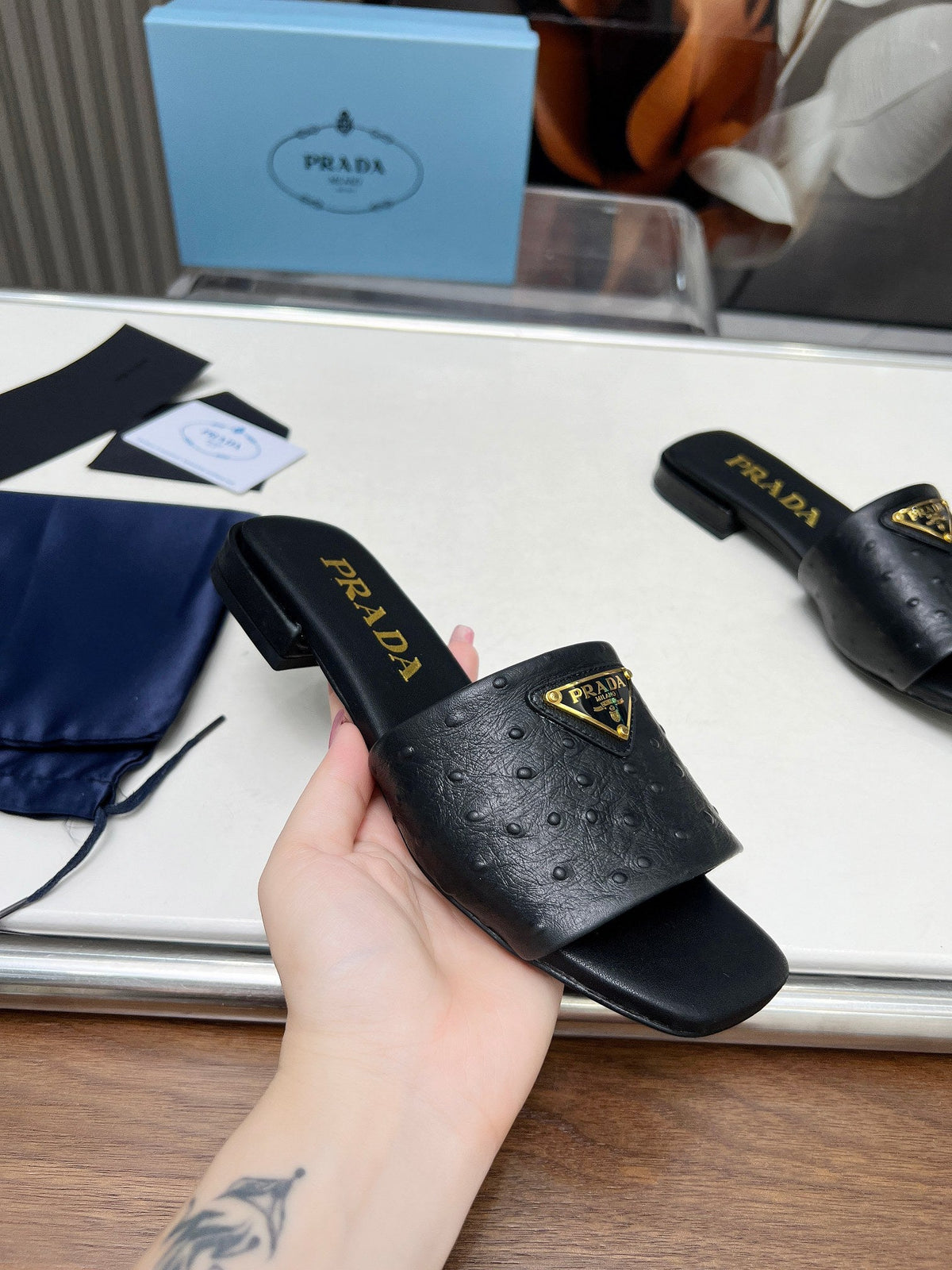 Prada 26s Slide Sandals Black Ostrich Leather 140501