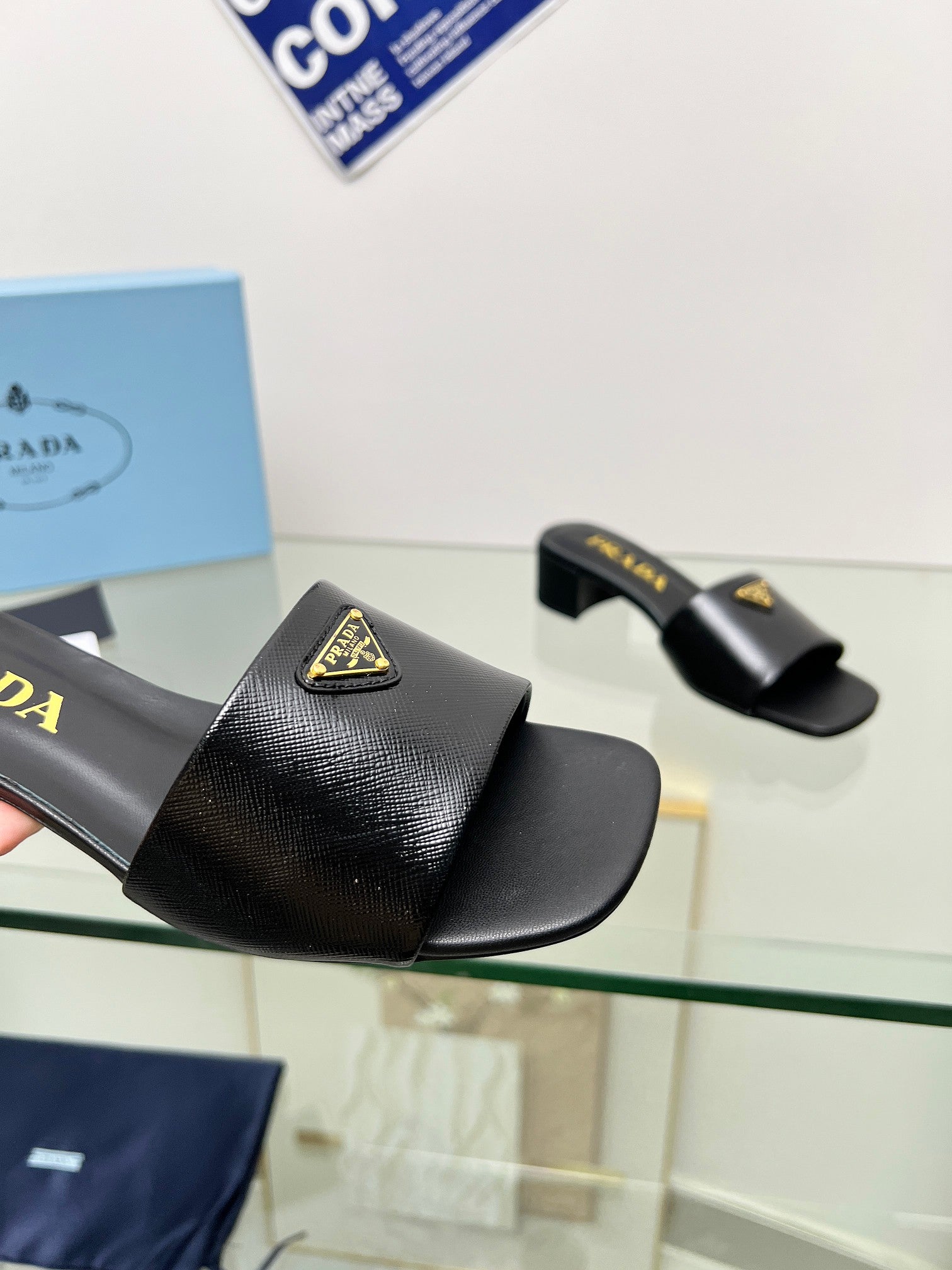 Prada 26s Saffiano Slides 4cm Black Glossy Leather 986628