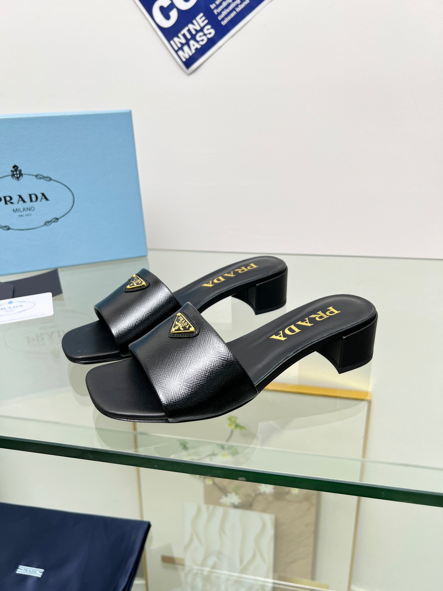 Prada 26s Saffiano Slides 4cm Black Glossy Leather 986628