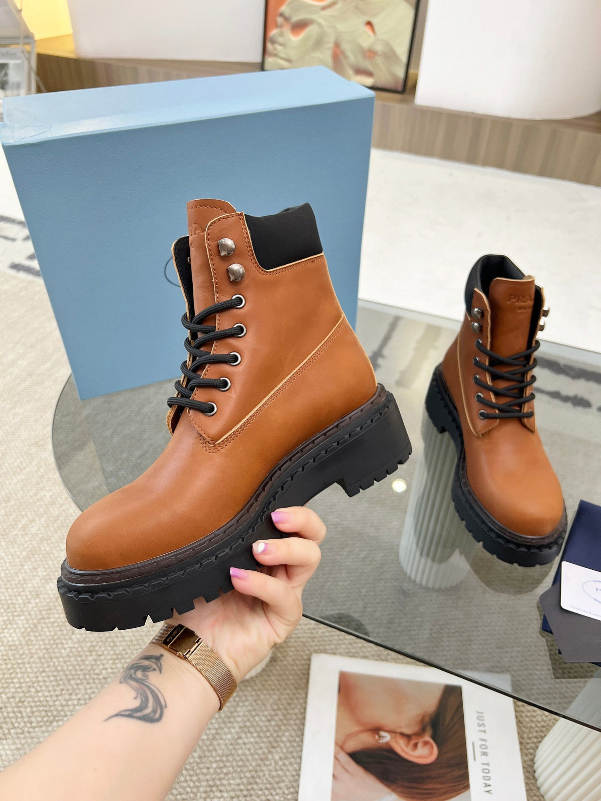Prada 26s Combat Boots Brown Leather 140470