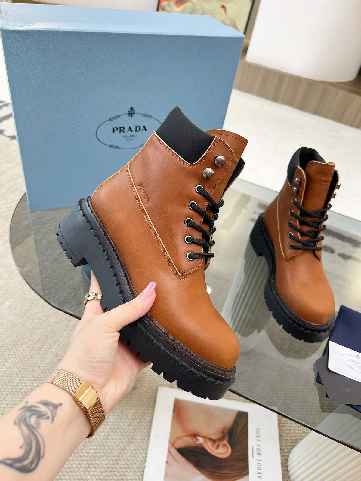Prada 26s Combat Boots Brown Leather 140470