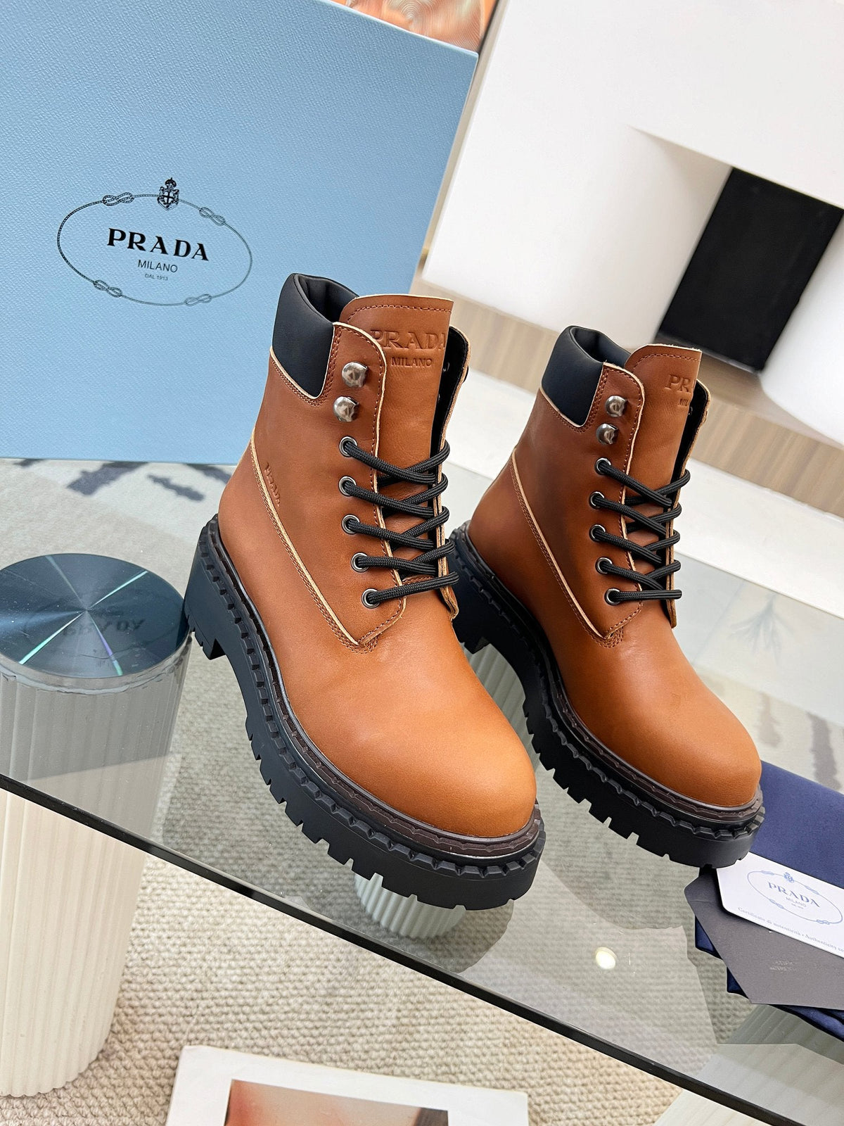 Prada 26s Combat Boots Brown Leather 140470