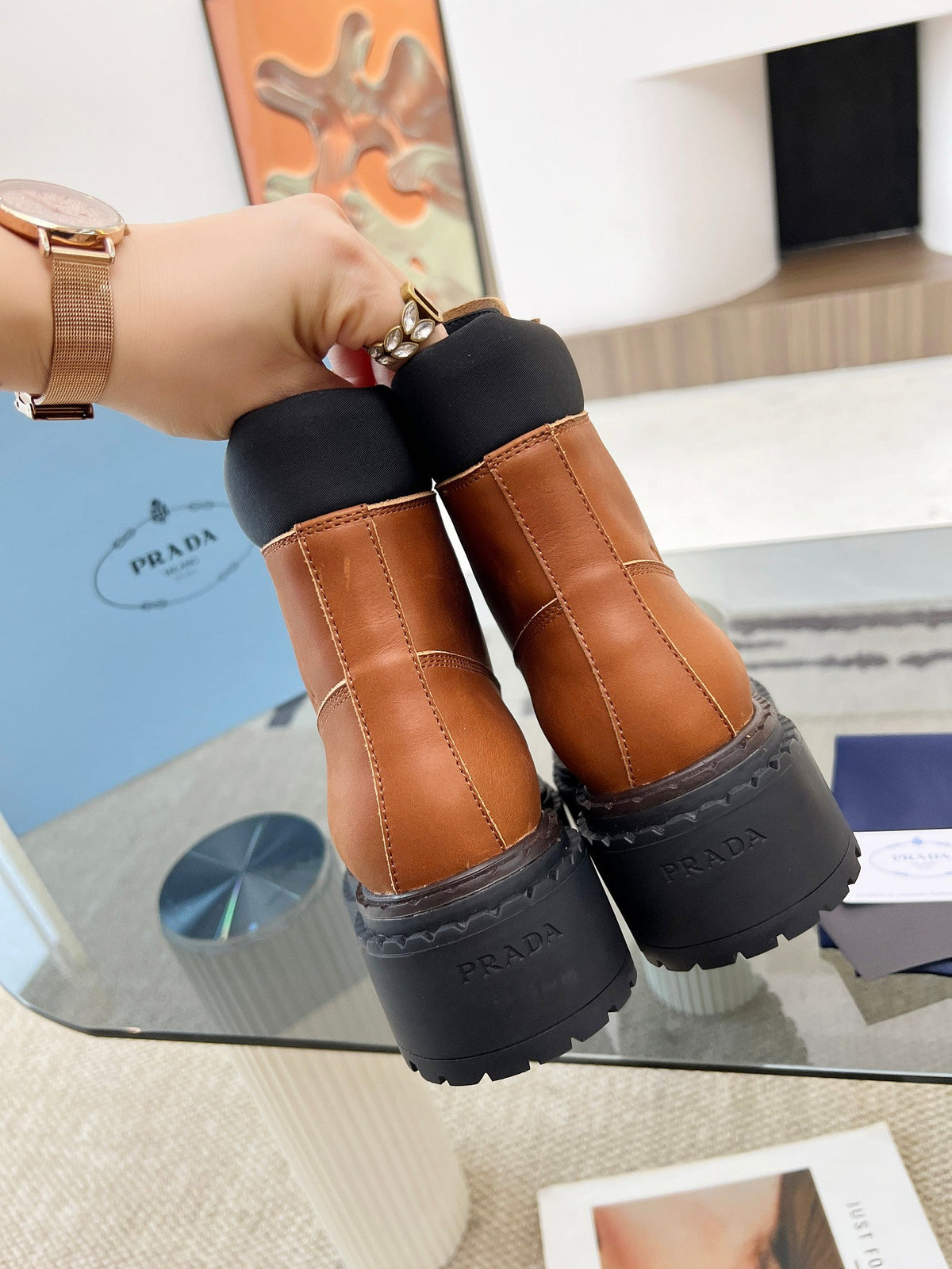 Prada 26s Combat Boots Brown Leather 140470