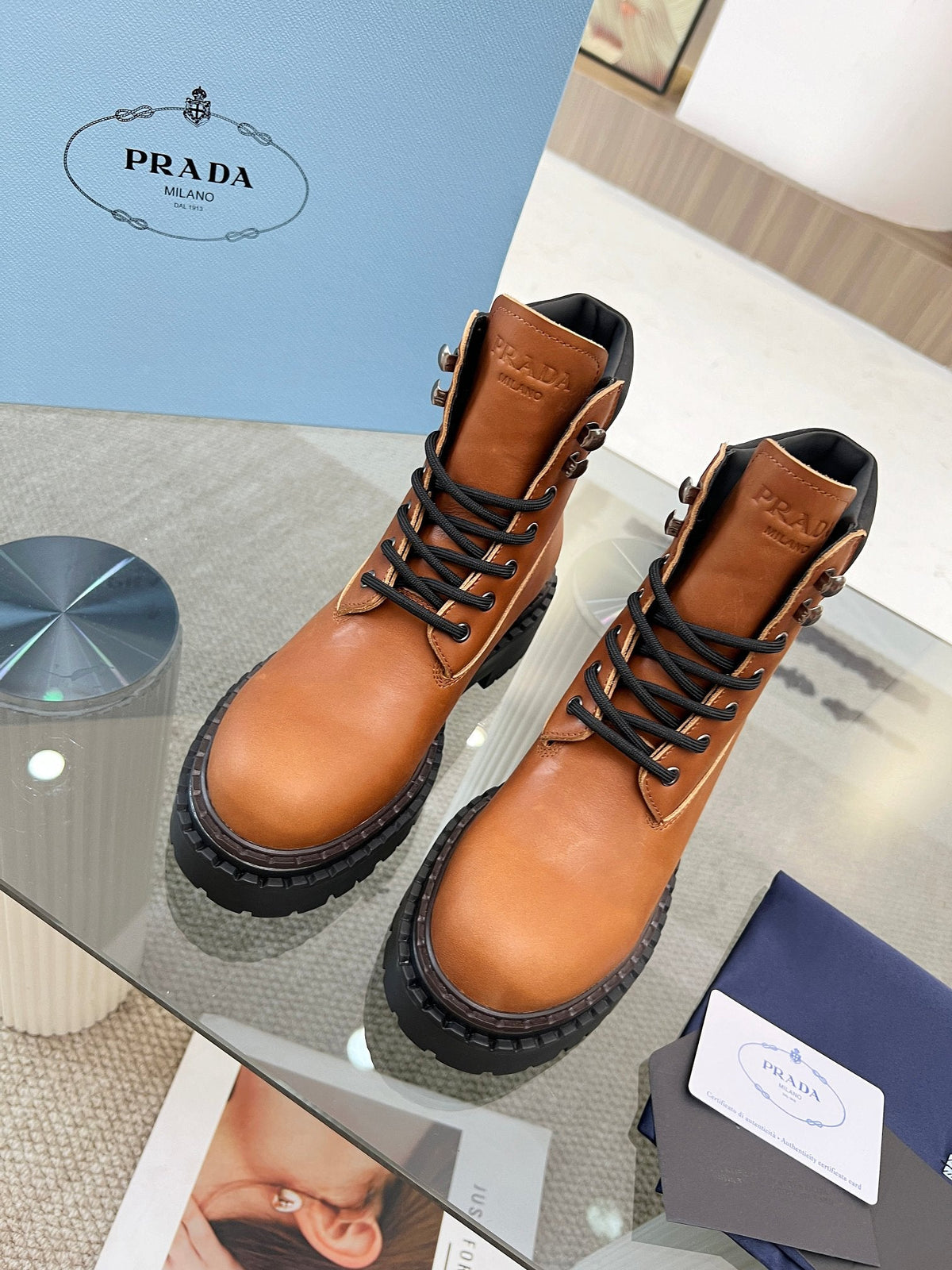 Prada 26s Combat Boots Brown Leather 140470