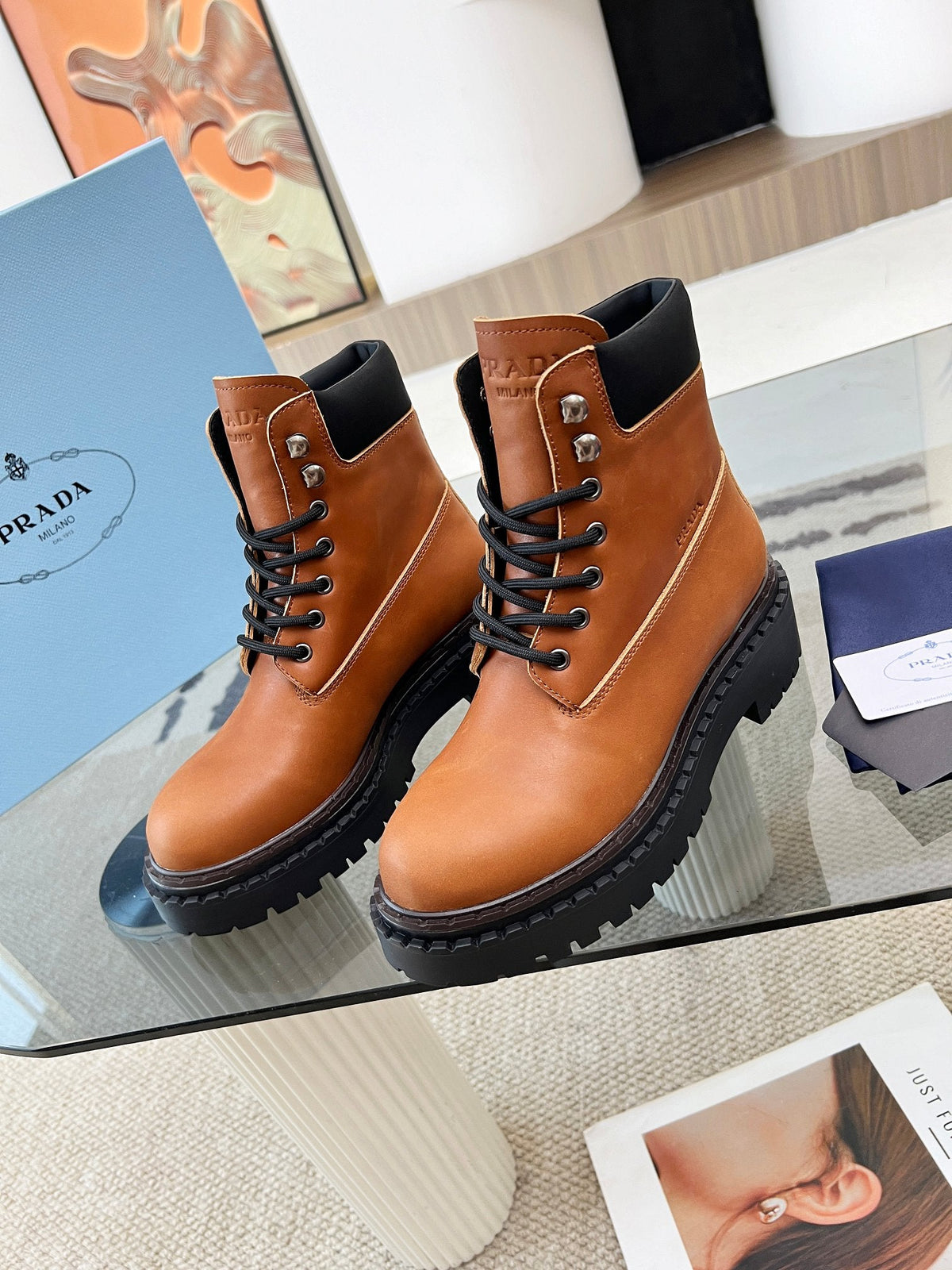Prada 26s Combat Boots Brown Leather 140470