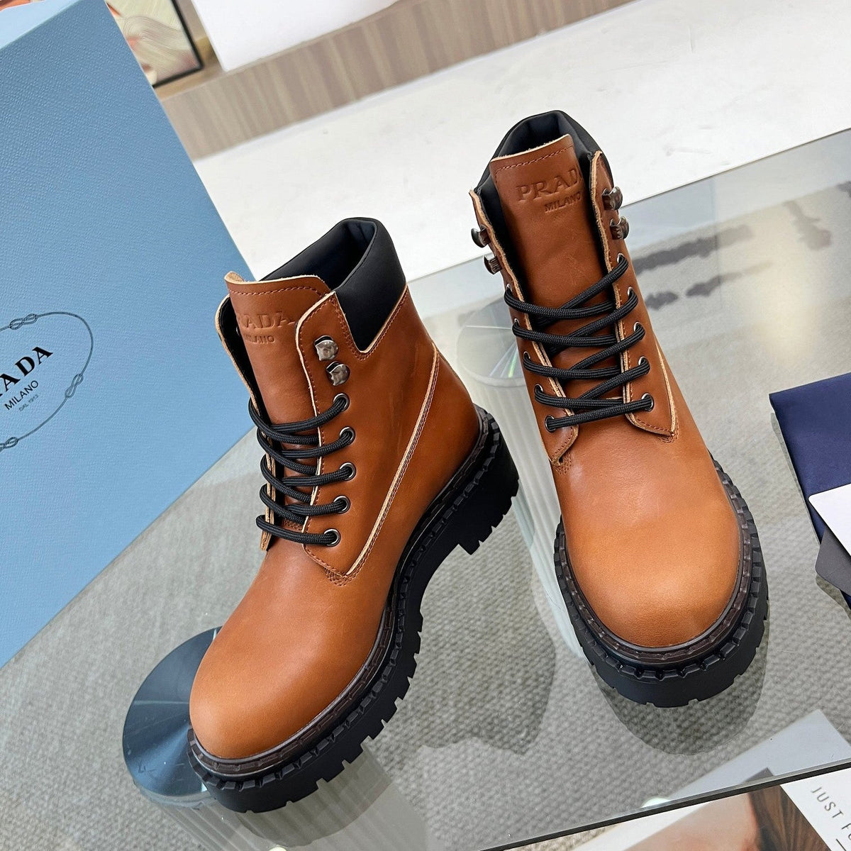 Prada 26s Combat Boots Brown Leather 140470