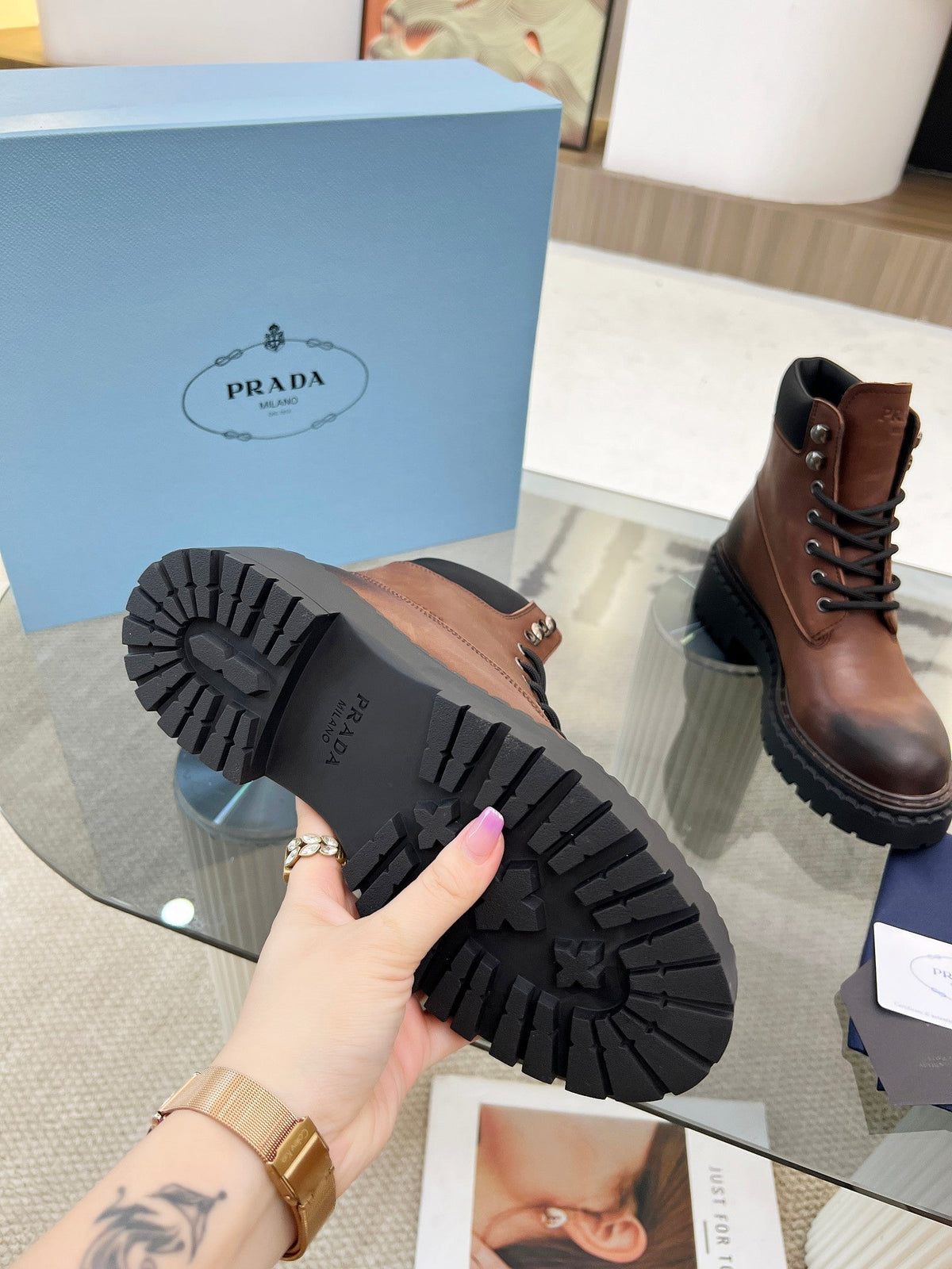 Prada 26s Combat Boots Brown Leather 140470