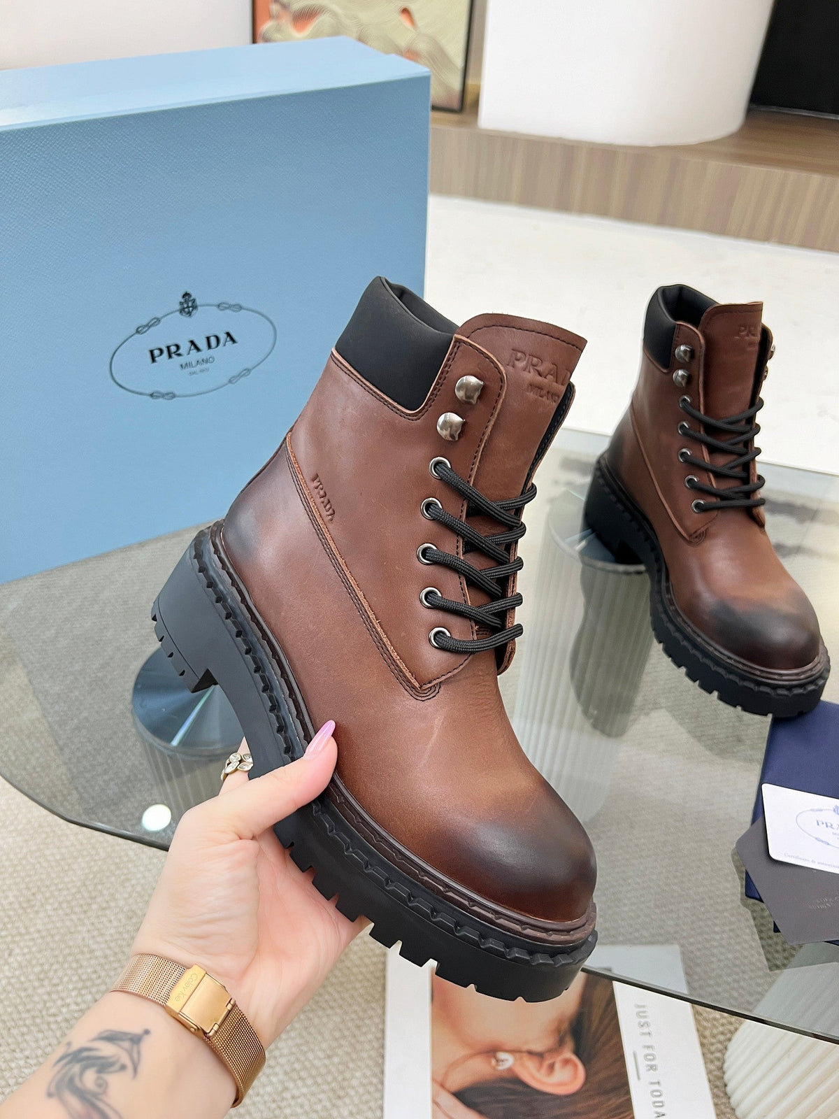 Prada 26s Combat Boots Brown Leather 140470