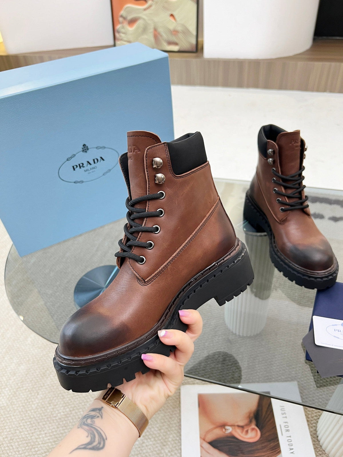 Prada 26s Combat Boots Brown Leather 140470