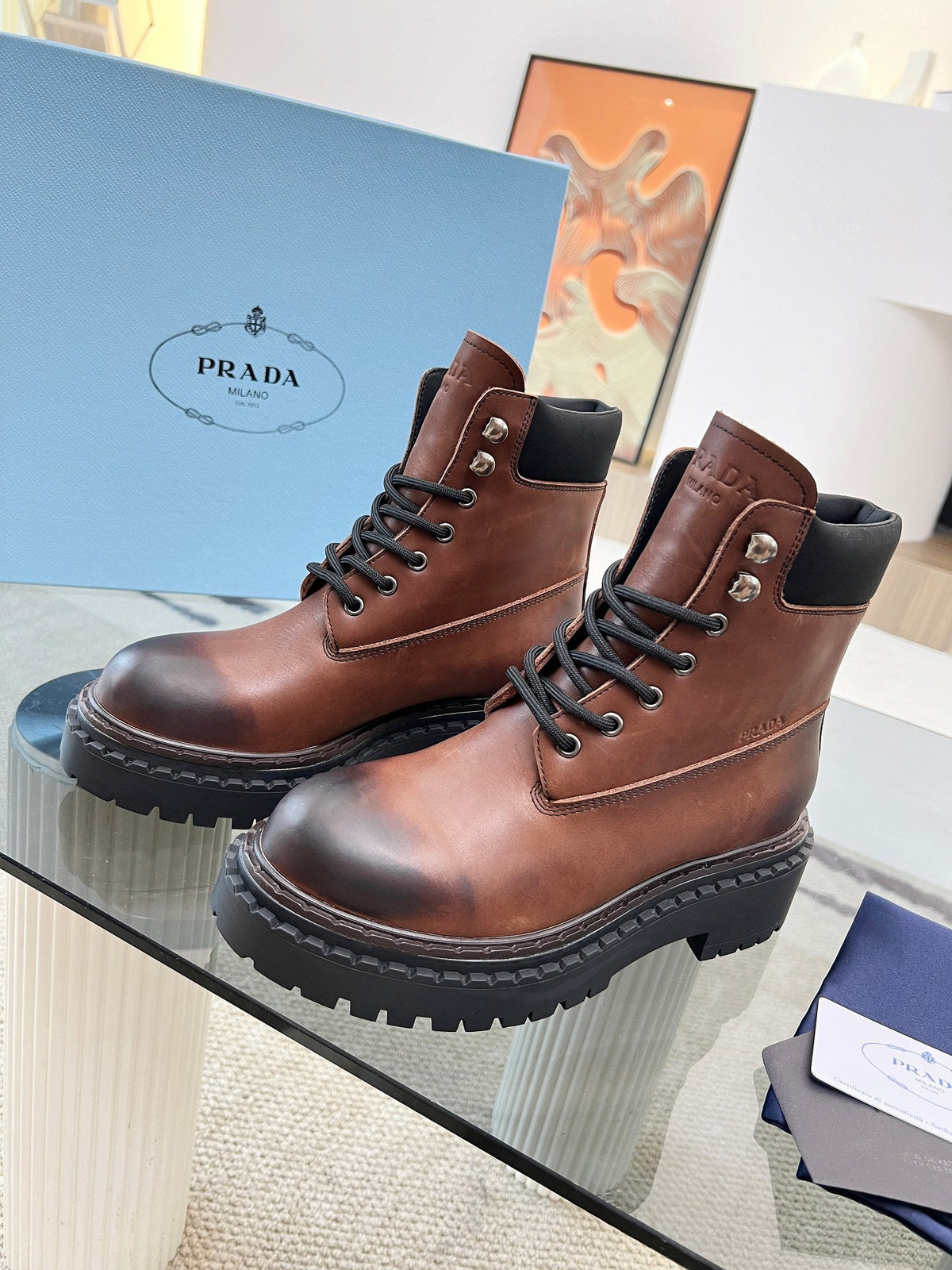 Prada 26s Combat Boots Brown Leather 140470