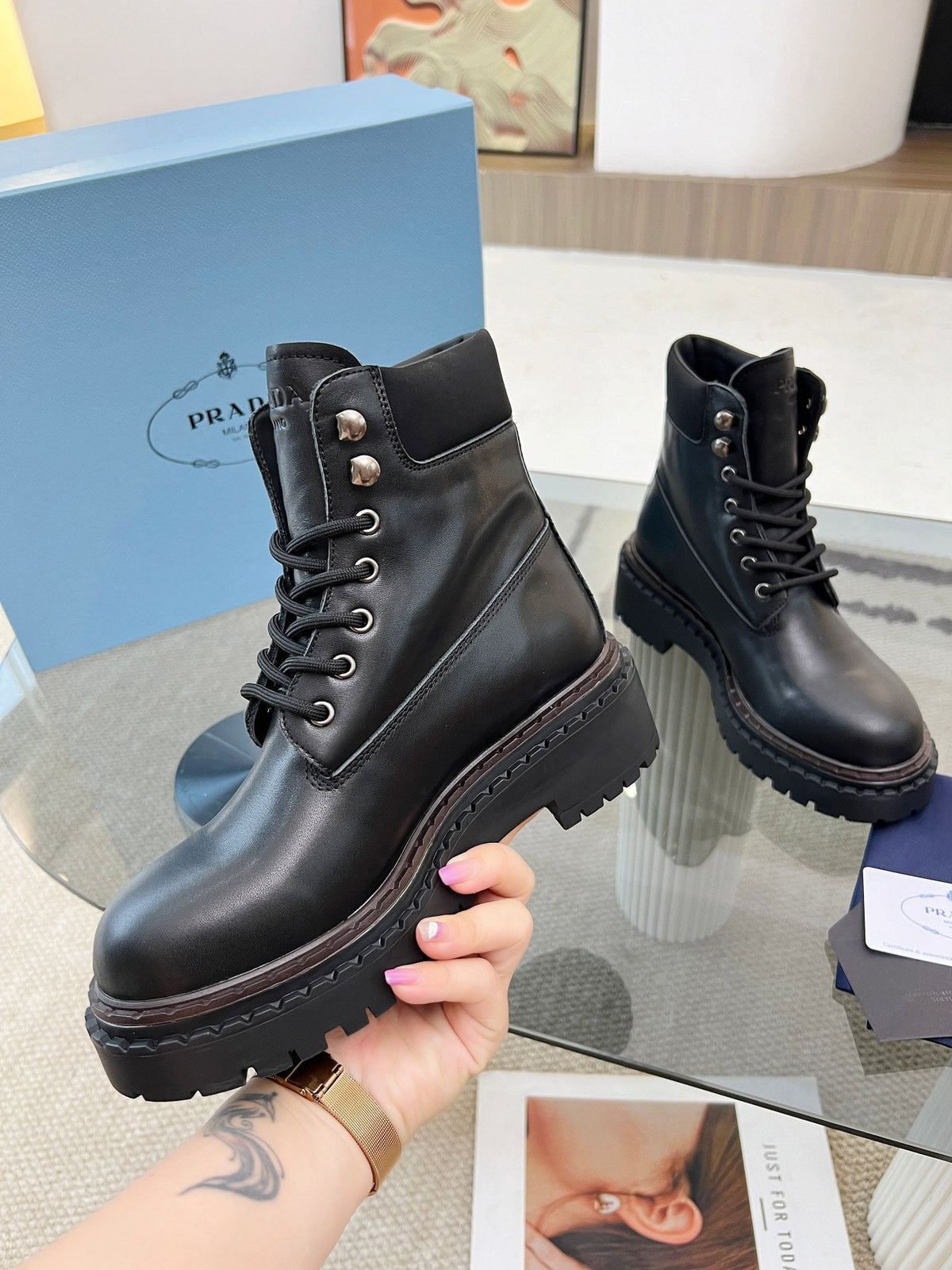 Prada 26s Combat Boots Black Leather 140471