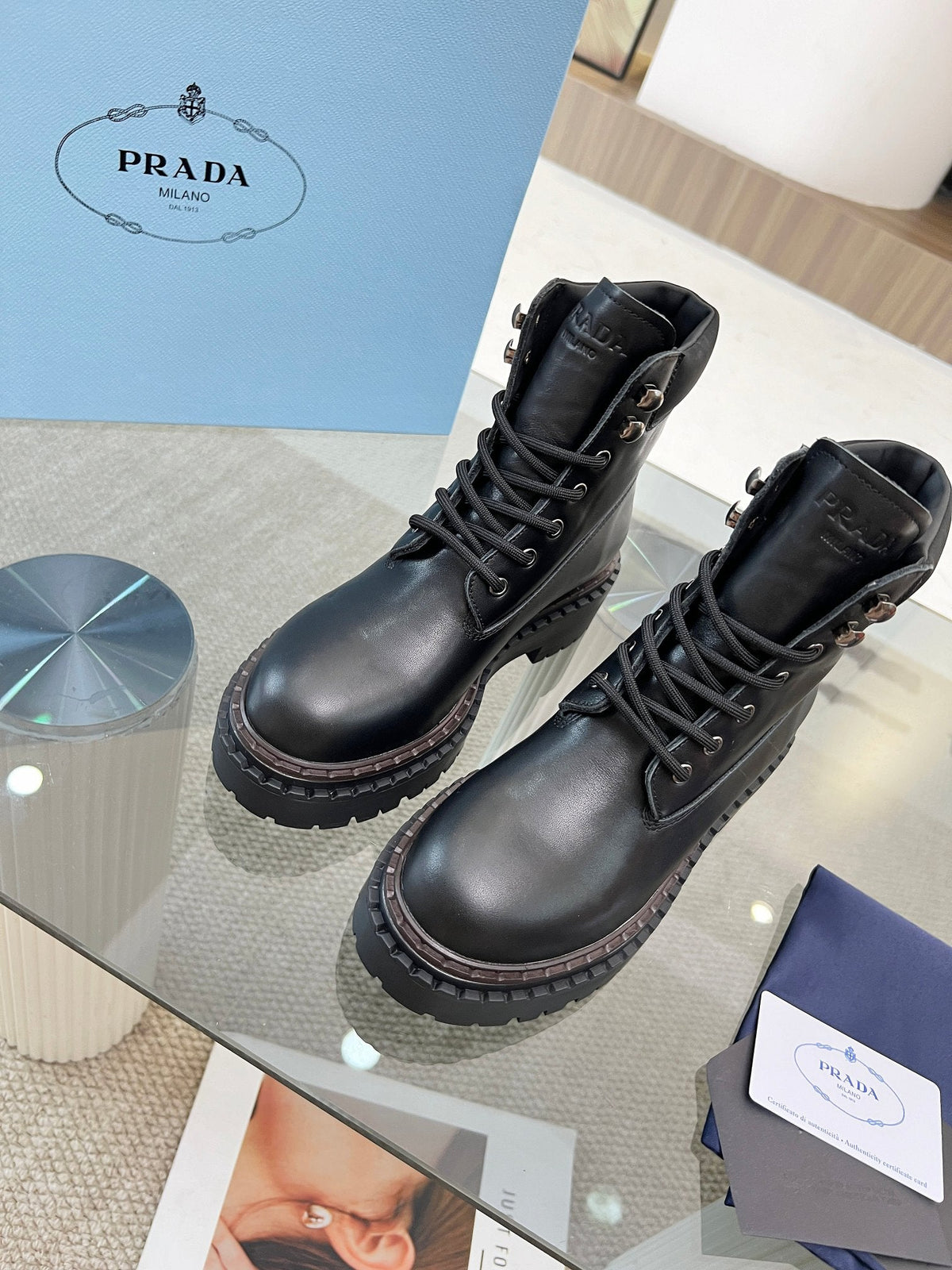 Prada 26s Combat Boots Black Leather 140471