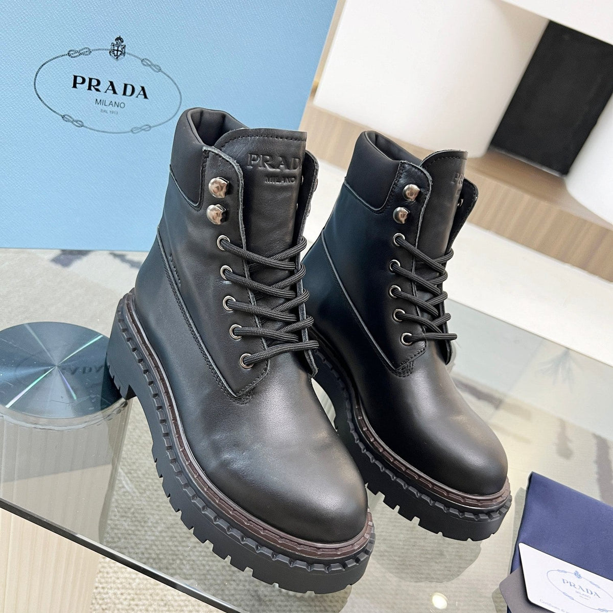 Prada 26s Combat Boots Black Leather 140471