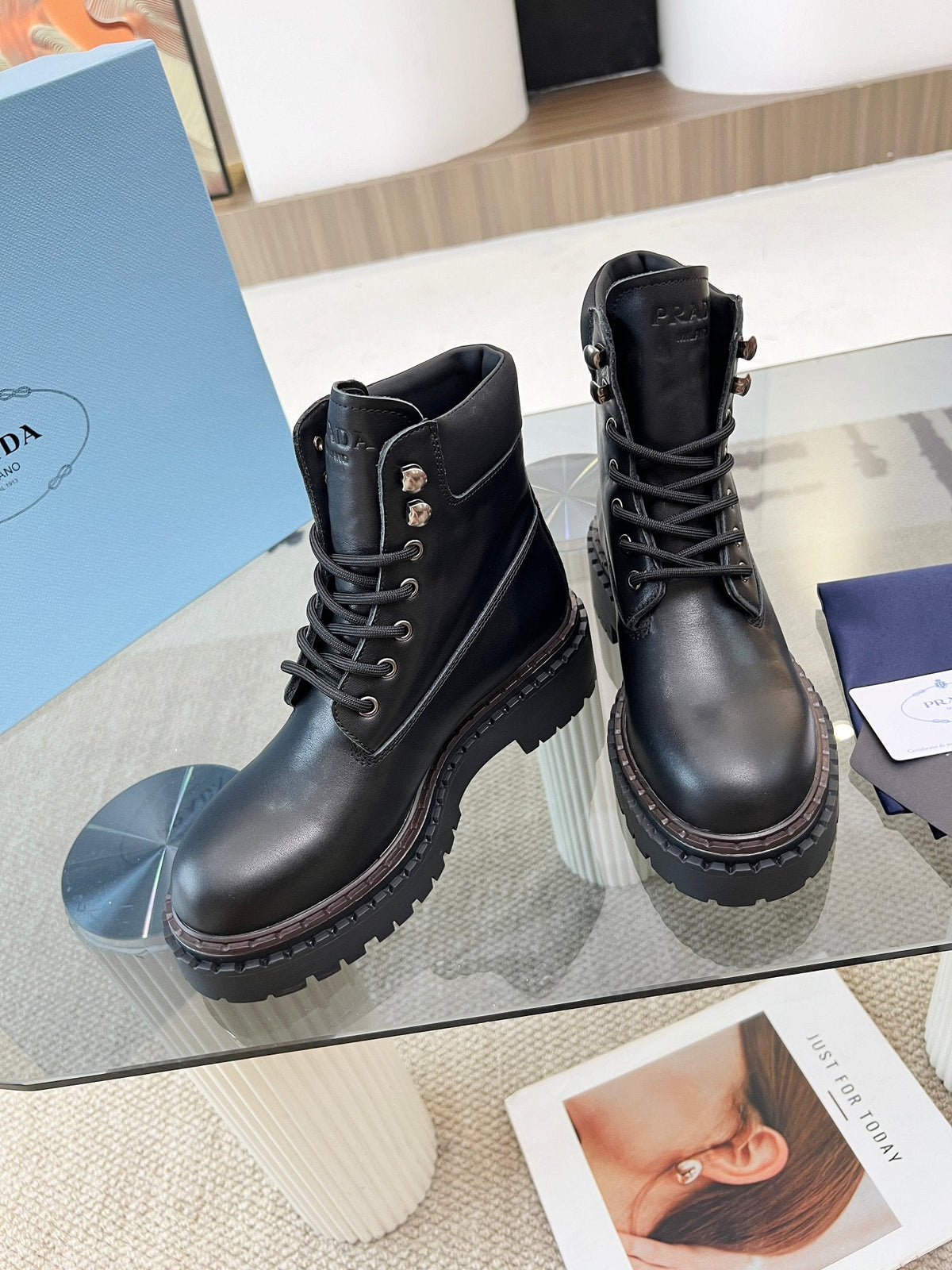 Prada 26s Combat Boots Black Leather 140471