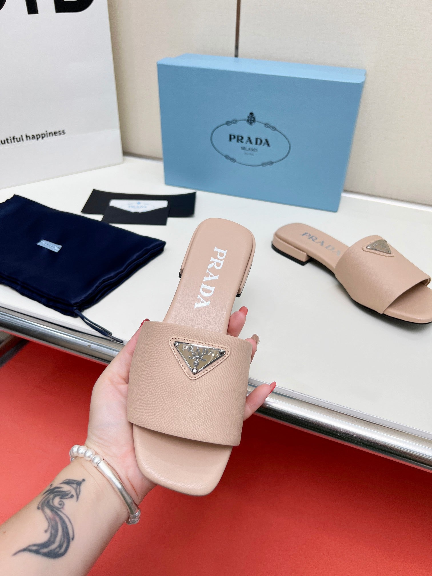 Prada 26s Saffiano Slides Powder Pink Leather 986629