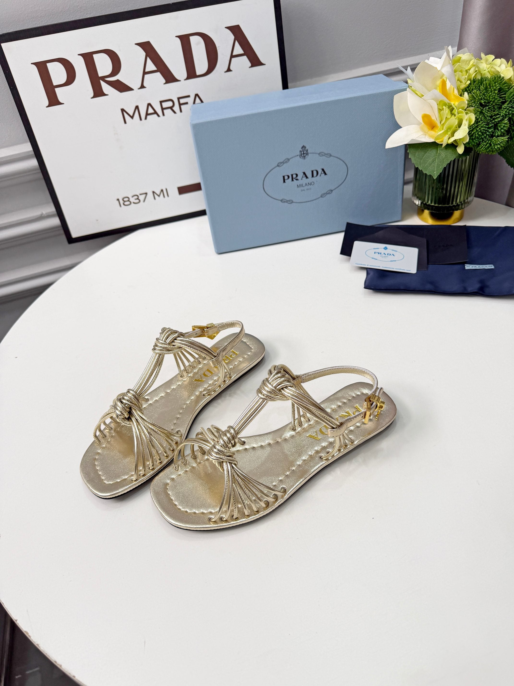 Prada 26s Knotted Metallic Leather Flat Sandals Gold Metalic Leather 986578