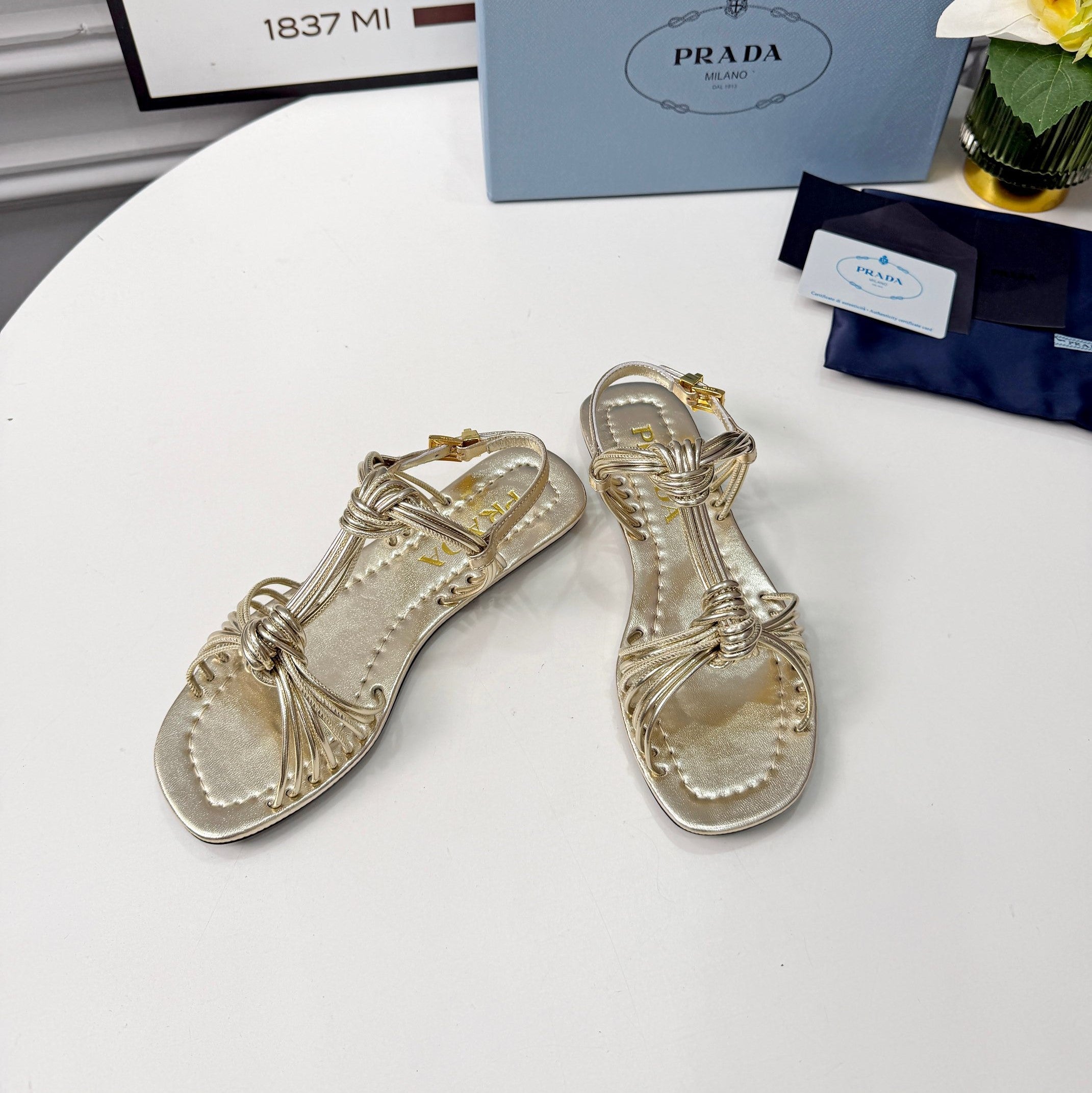 Prada 26s Knotted Metallic Leather Flat Sandals Gold Metalic Leather 986578