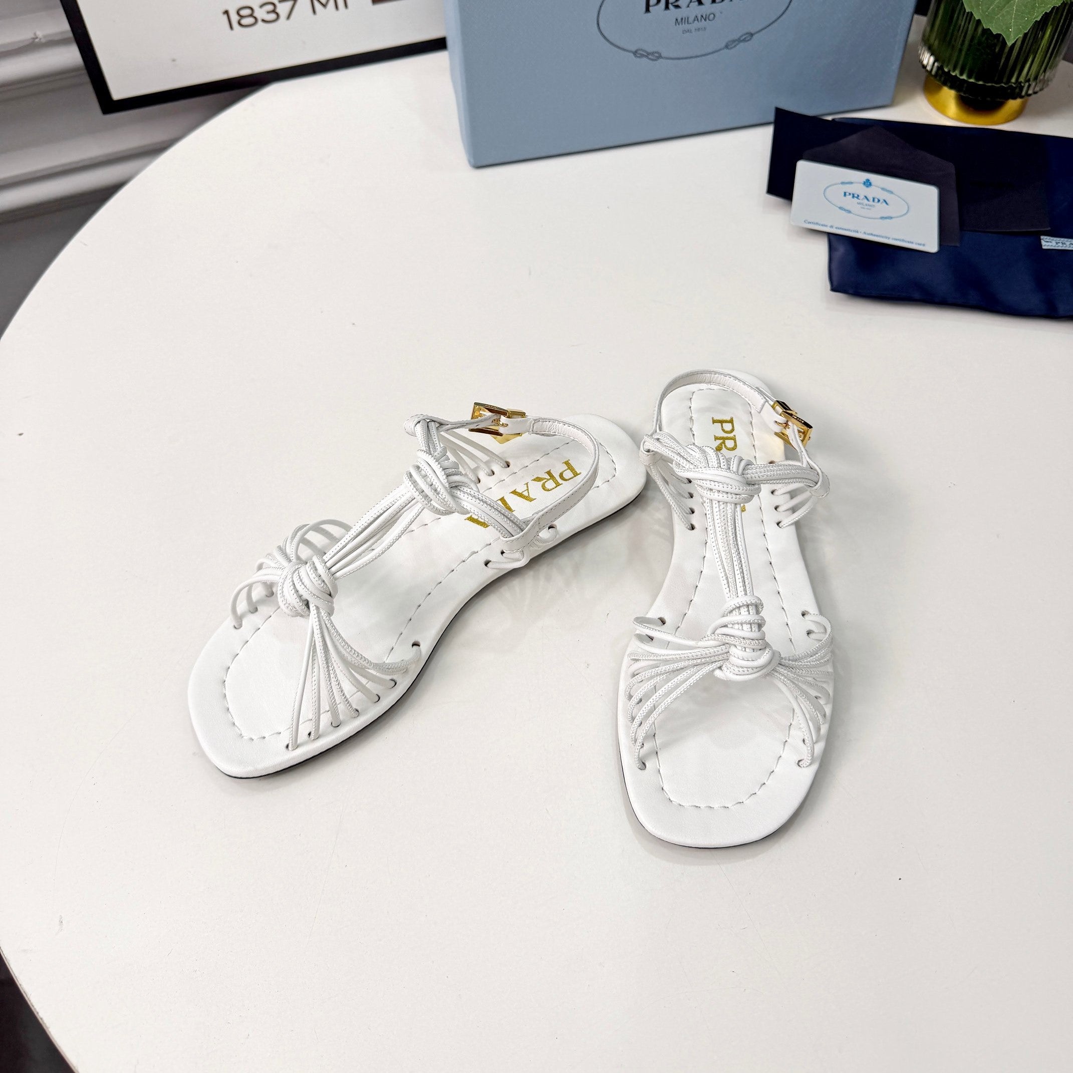 Prada 26s Knotted Metallic Leather Flat Sandals White Leather 986576